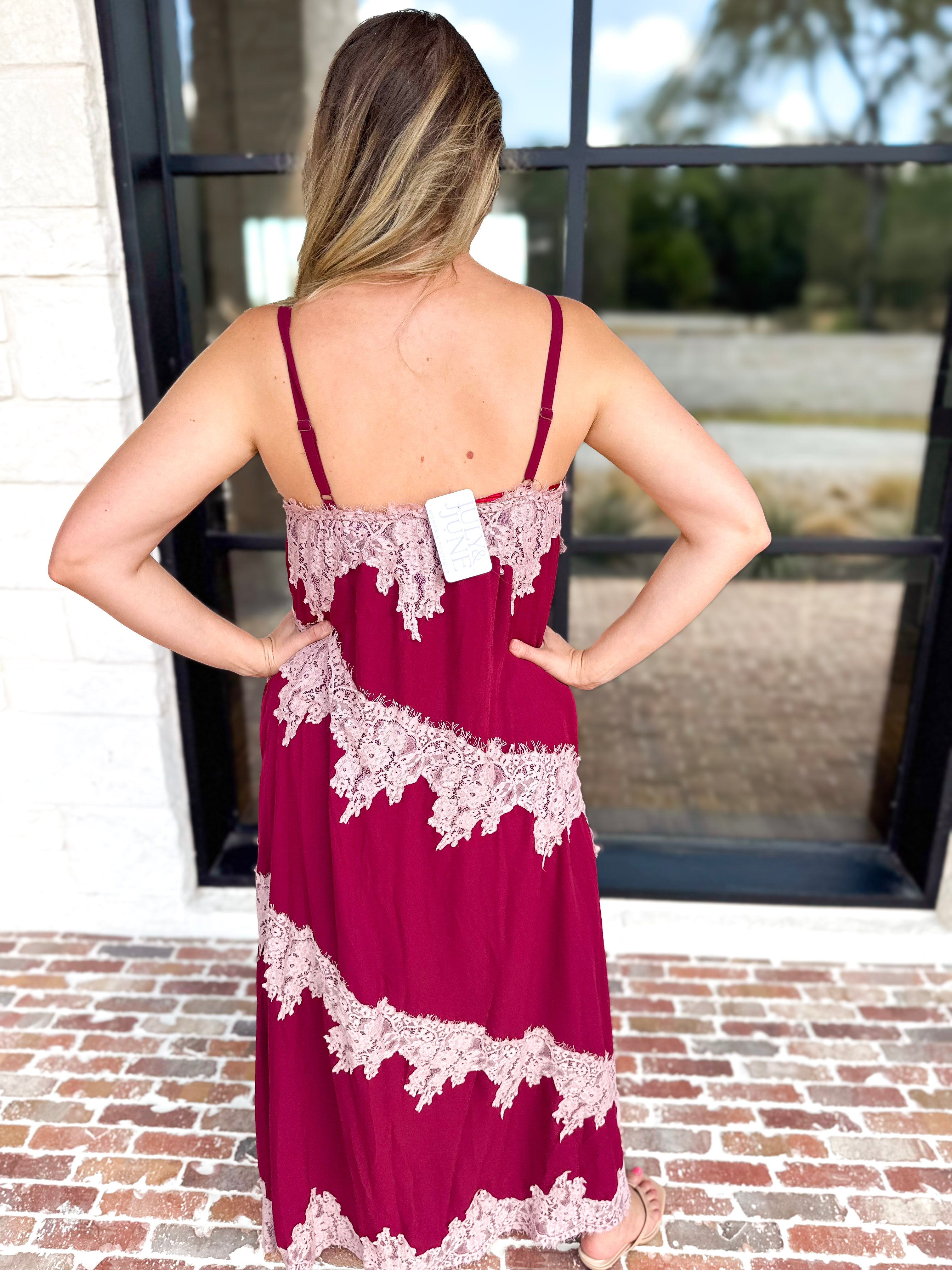Colette Feminine Lace Midi Dress - Burgundy & Blush-500 Midi-TCEC-July & June Women's Fashion Boutique Located in San Antonio, Texas