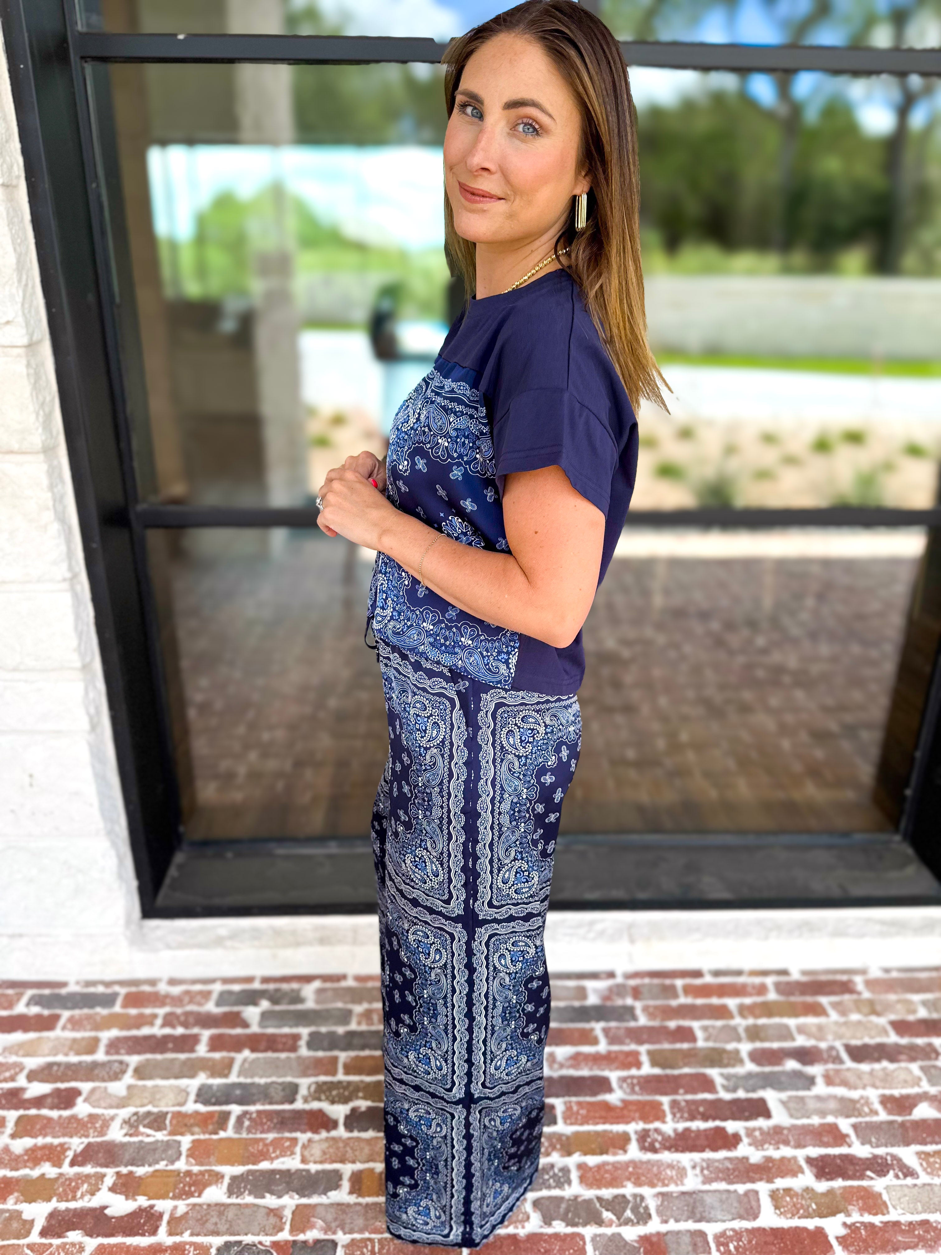 Navy Bandana Pants Set-500 Midi-SKIES ARE BLUE-July & June Women's Fashion Boutique Located in San Antonio, Texas