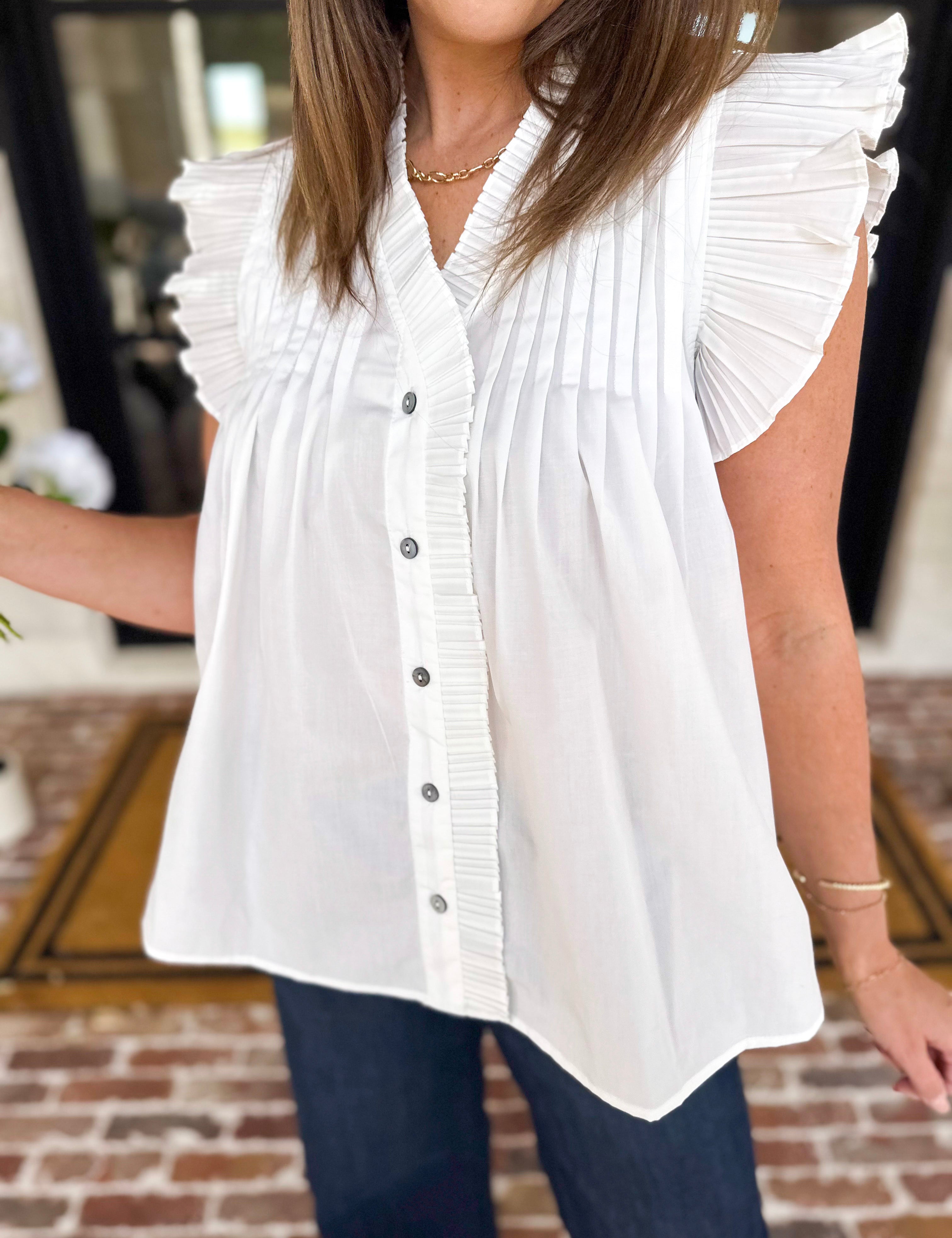 White Flutter Blouse-200 Fashion Blouses-ENTRO-July & June Women's Fashion Boutique Located in San Antonio, Texas