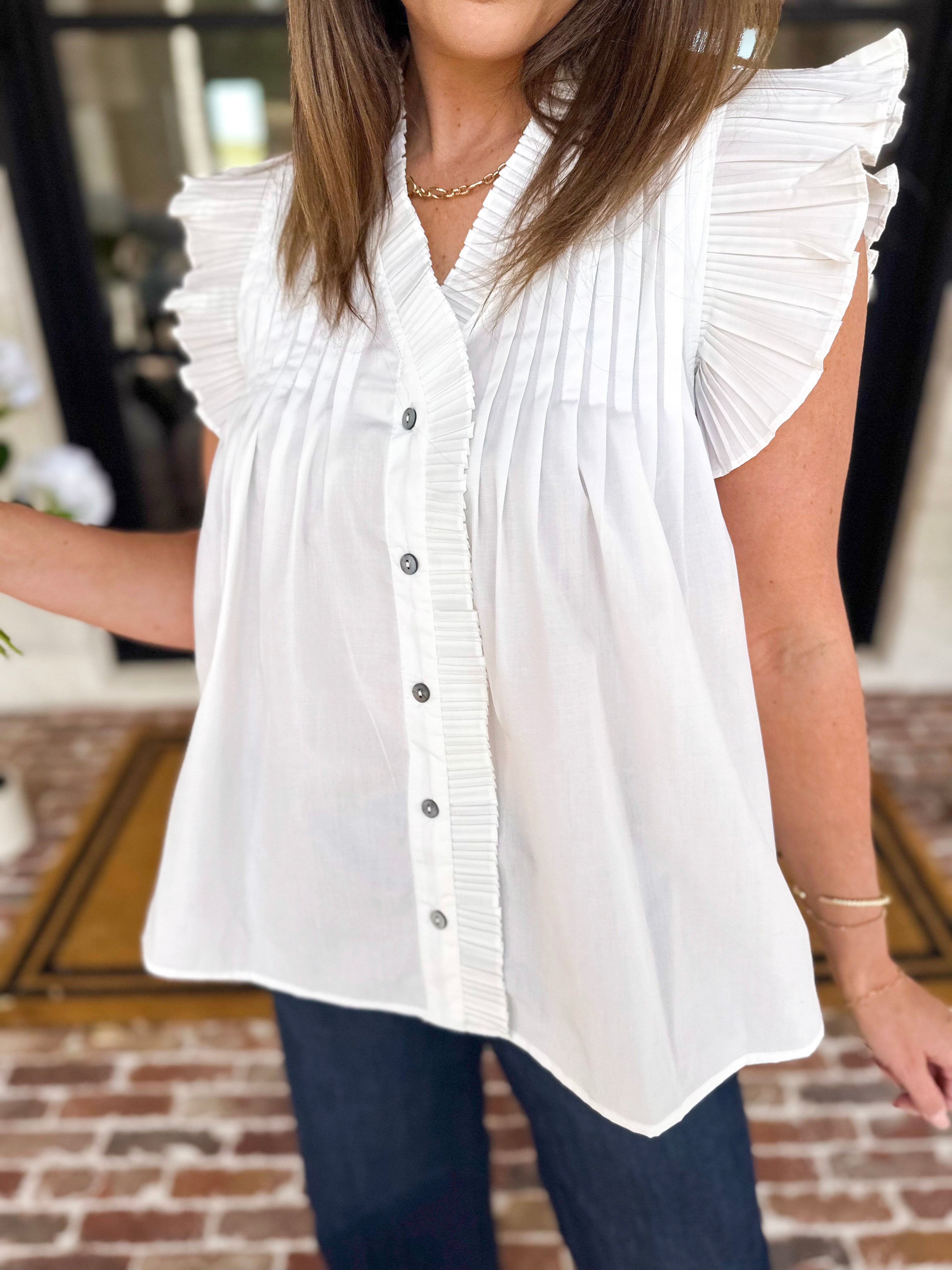 White Flutter Blouse-200 Fashion Blouses-ENTRO-July & June Women's Fashion Boutique Located in San Antonio, Texas