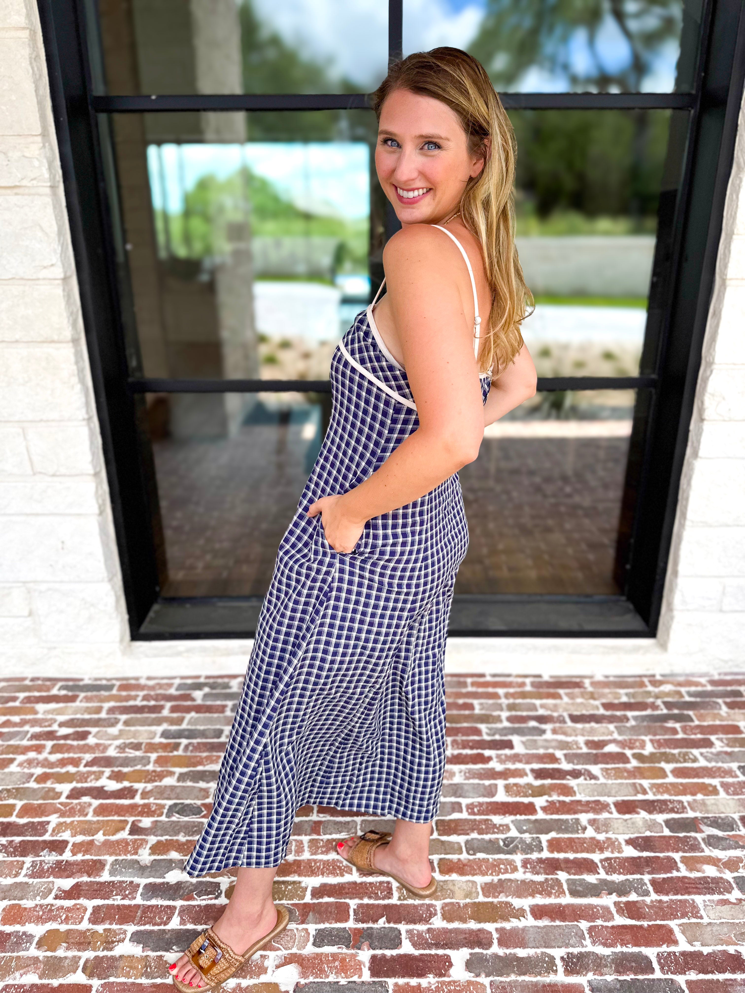 Bayside Navy Midi Dress-500 Midi-ENTRO-July & June Women's Fashion Boutique Located in San Antonio, Texas