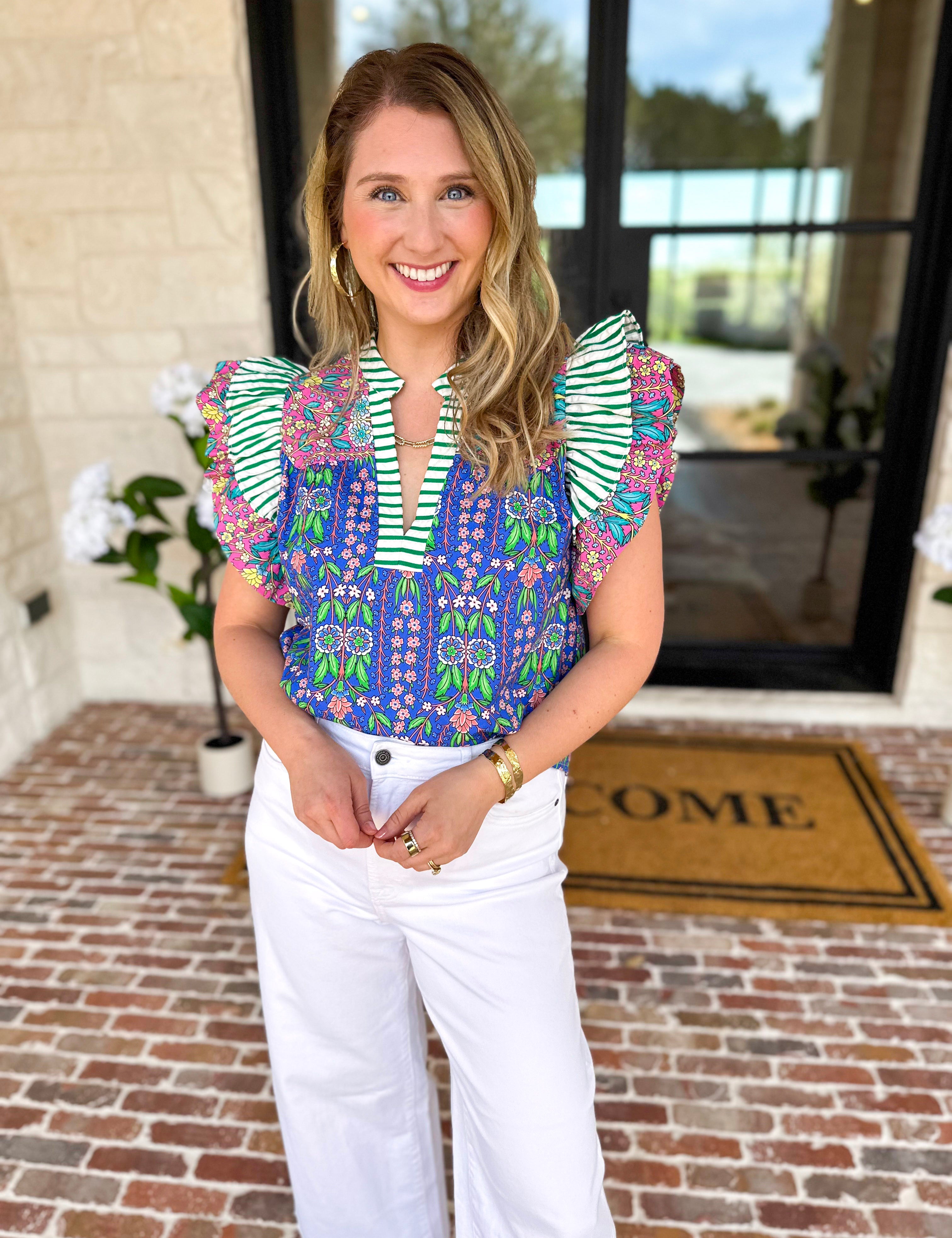 THML - Blue Flutter Sleeve Blouse-200 Fashion Blouses-THML-July & June Women's Fashion Boutique Located in San Antonio, Texas