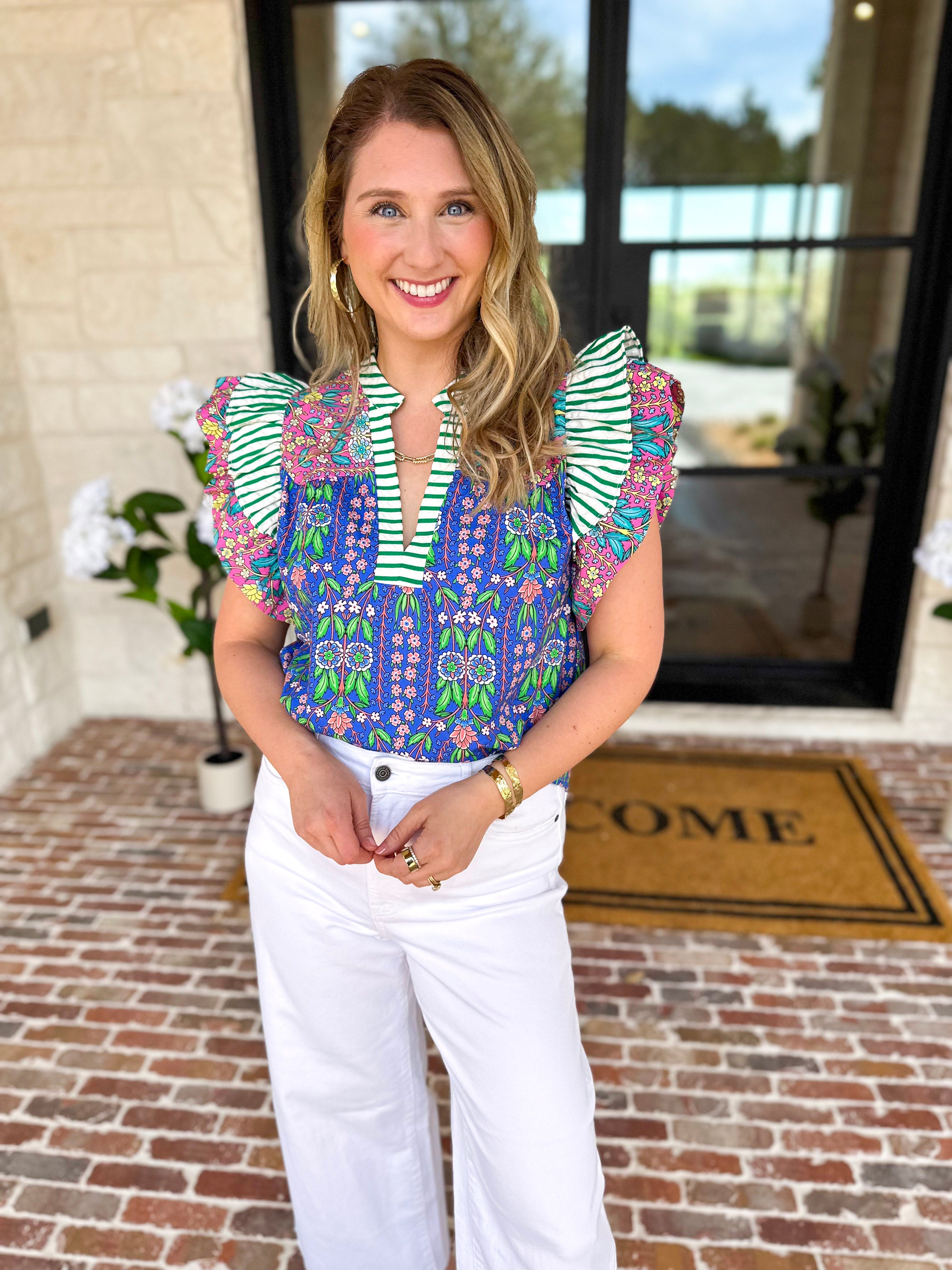 THML - Blue Flutter Sleeve Blouse-200 Fashion Blouses-THML-July & June Women's Fashion Boutique Located in San Antonio, Texas