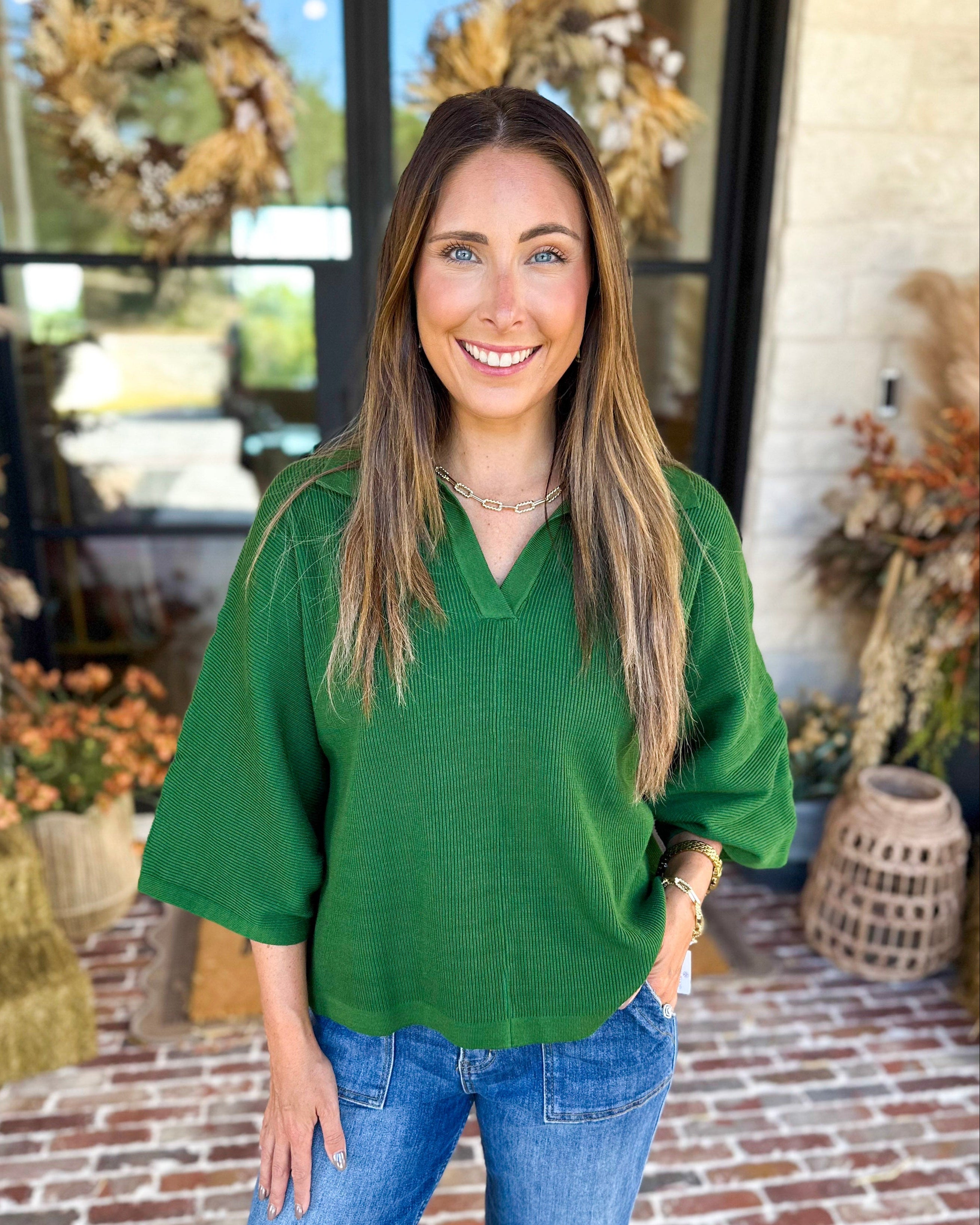 Cozy Collared Oversized Sweater Top - Green-230 Sweaters/Cardis-ENTRO-July & June Women's Fashion Boutique Located in San Antonio, Texas