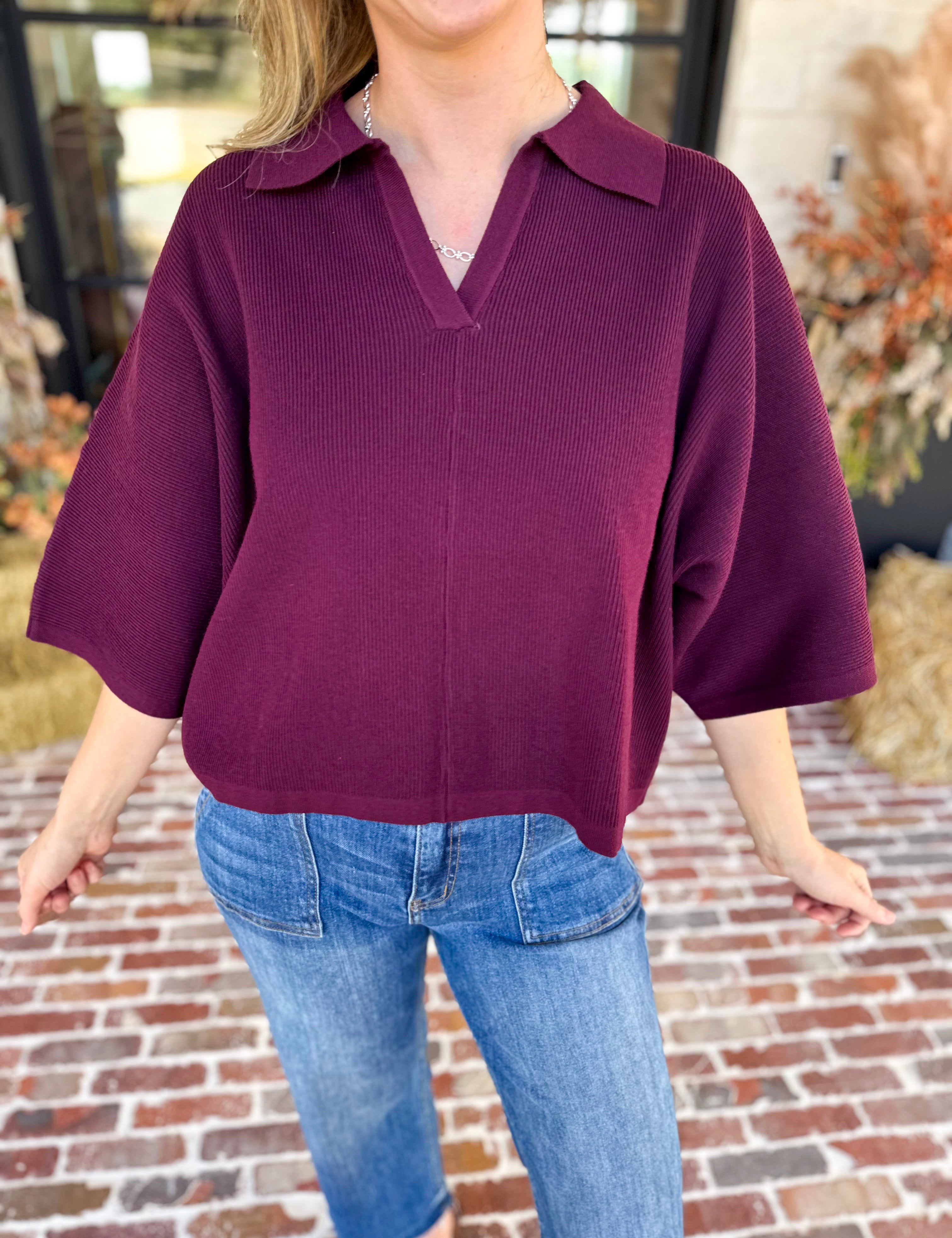 Cozy Collared Oversized Sweater Top - Merlot-230 Sweaters/Cardis-ENTRO-July & June Women's Fashion Boutique Located in San Antonio, Texas