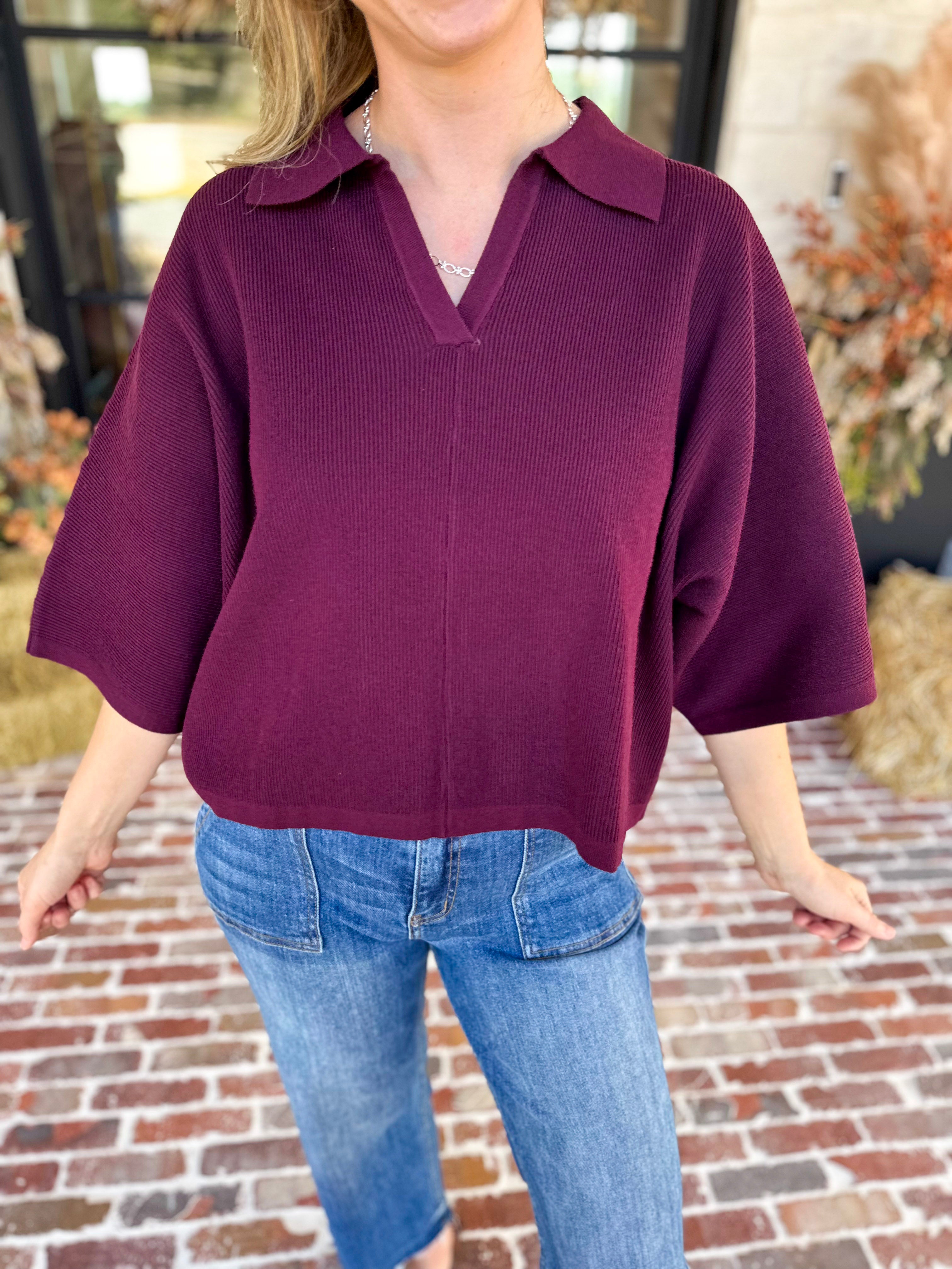 Cozy Collared Oversized Sweater Top - Merlot-230 Sweaters/Cardis-ENTRO-July & June Women's Fashion Boutique Located in San Antonio, Texas