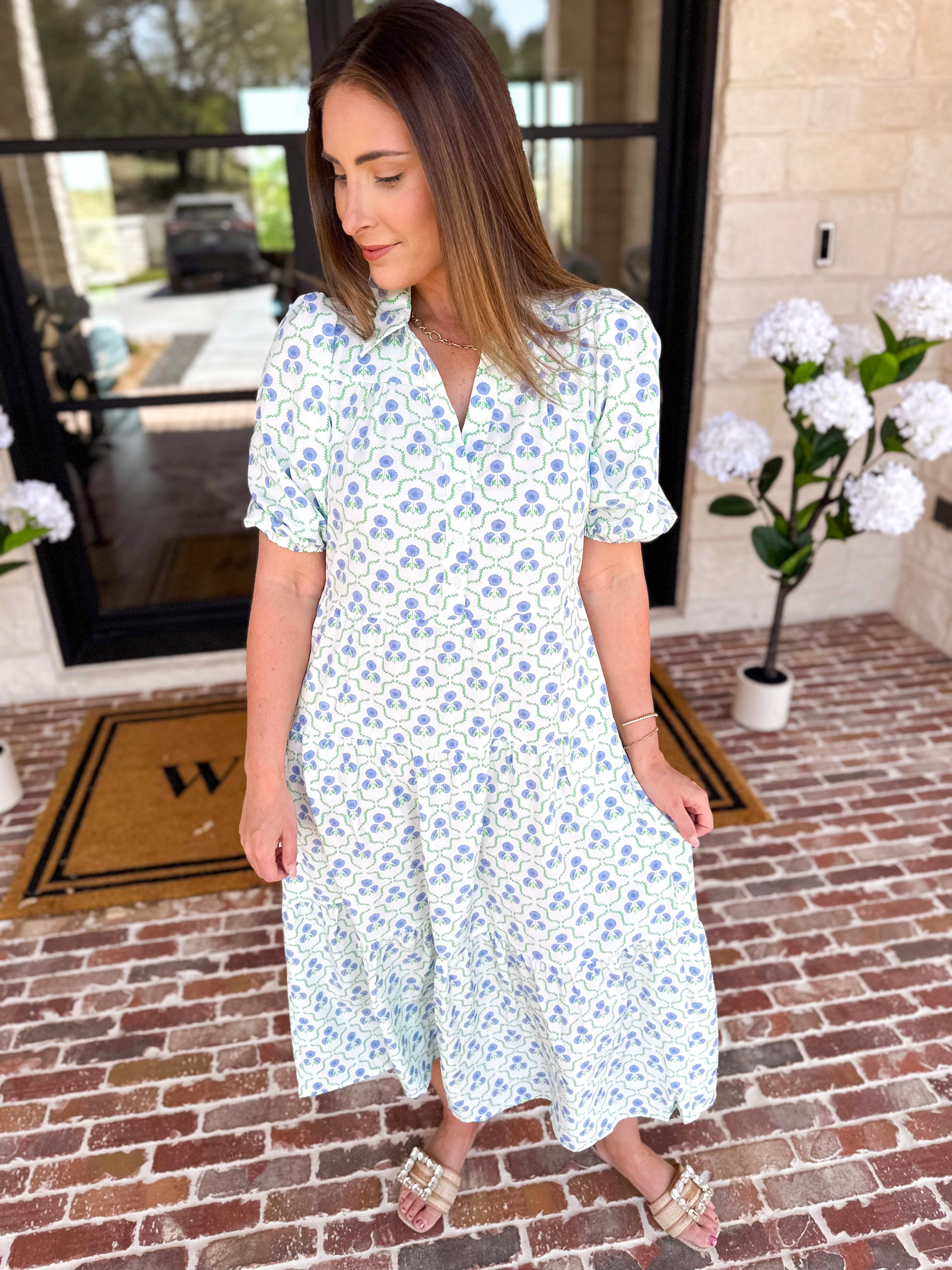 Mary Square - Eloise Lattice Blue Midi Dress-500 Midi-MARY SQUARE-July & June Women's Fashion Boutique Located in San Antonio, Texas