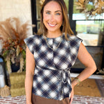 THML - Navy & Cream Plaid Tie Blouse-200 Fashion Blouses-THML-July & June Women's Fashion Boutique Located in San Antonio, Texas