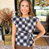 THML - Navy & Cream Plaid Tie Blouse-200 Fashion Blouses-THML-July & June Women's Fashion Boutique Located in San Antonio, Texas