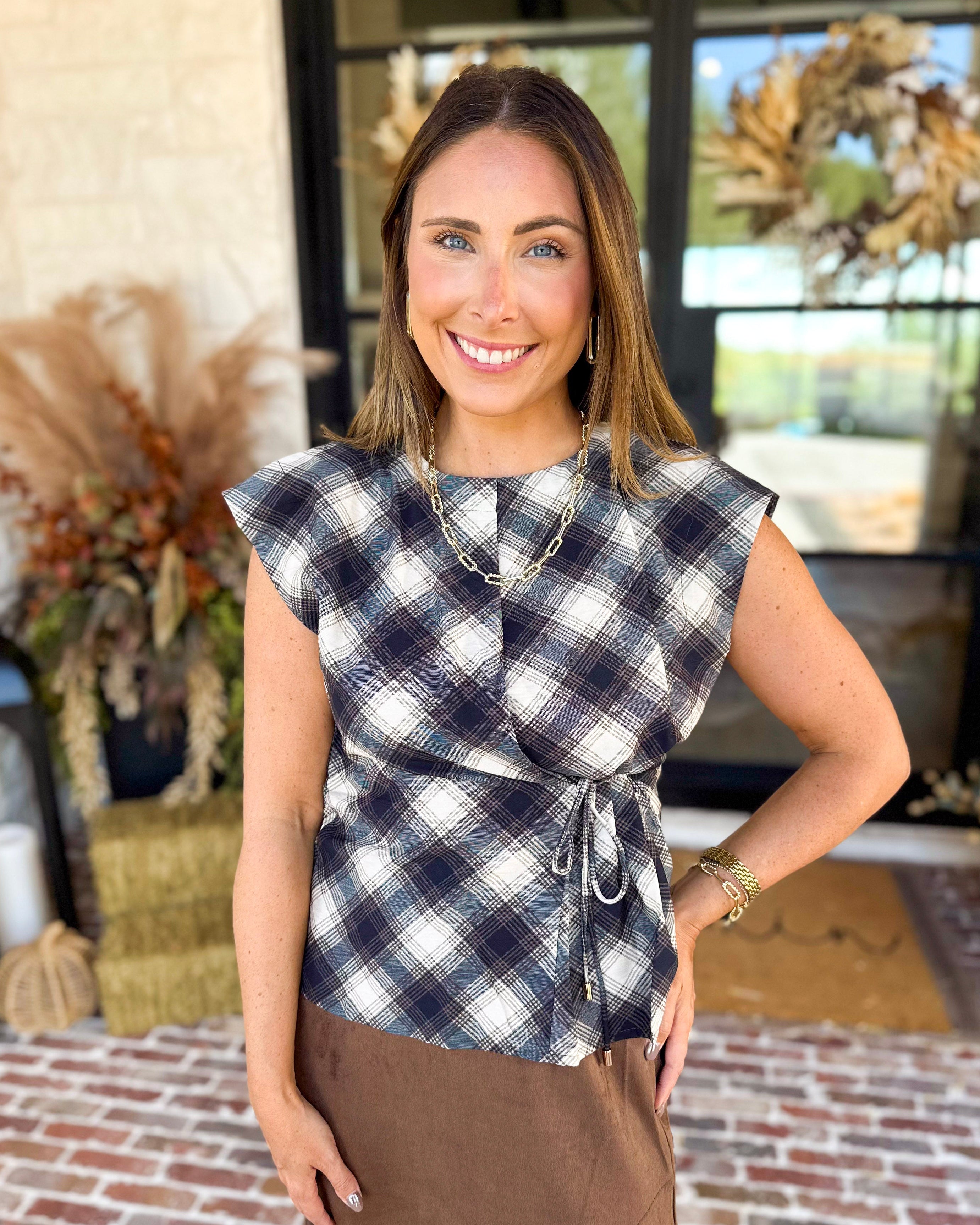 THML - Navy & Cream Plaid Tie Blouse-200 Fashion Blouses-THML-July & June Women's Fashion Boutique Located in San Antonio, Texas