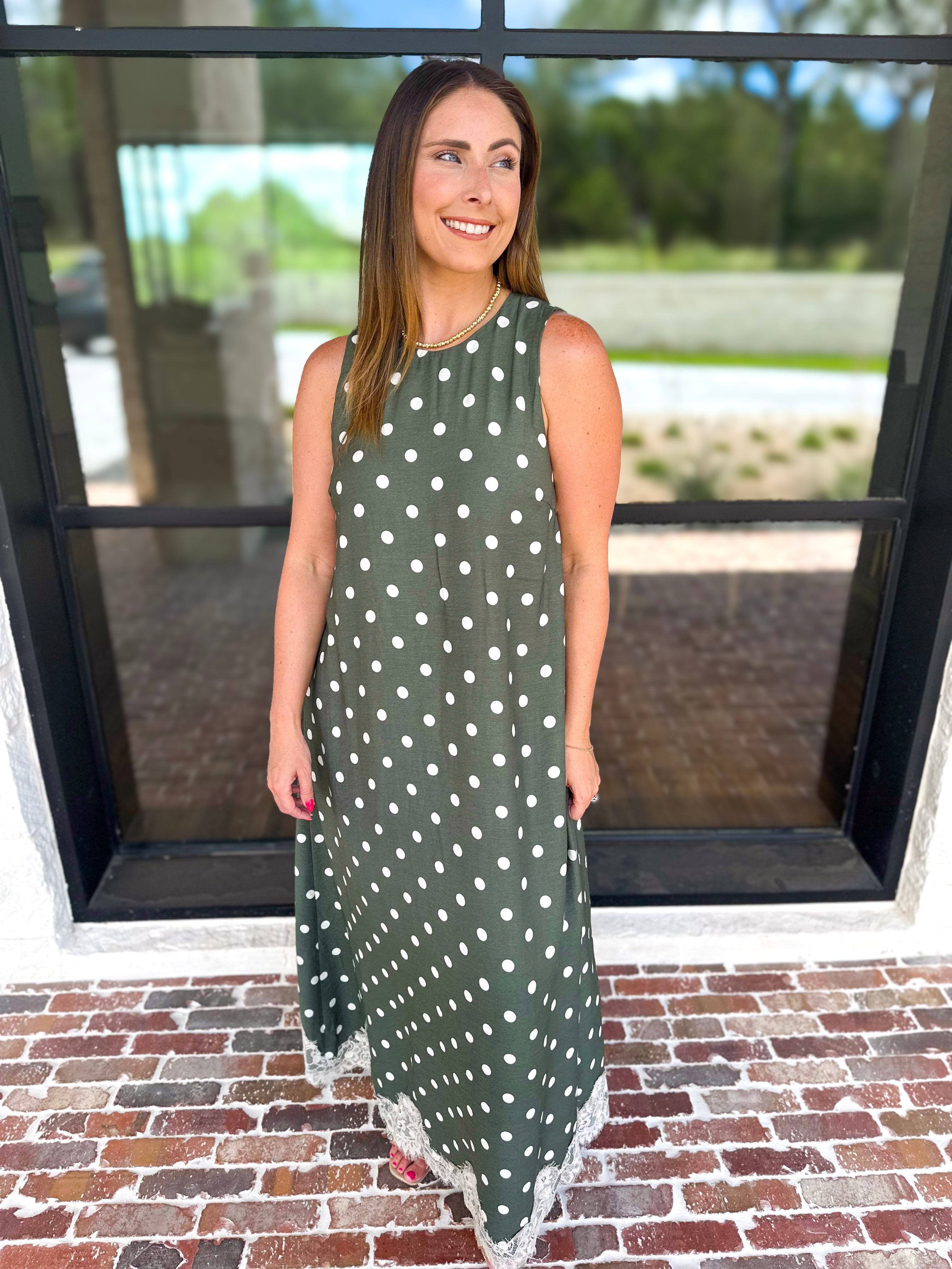 Effortless Polka Dot Midi Dress - Olive-500 Midi-ENTRO-July & June Women's Fashion Boutique Located in San Antonio, Texas