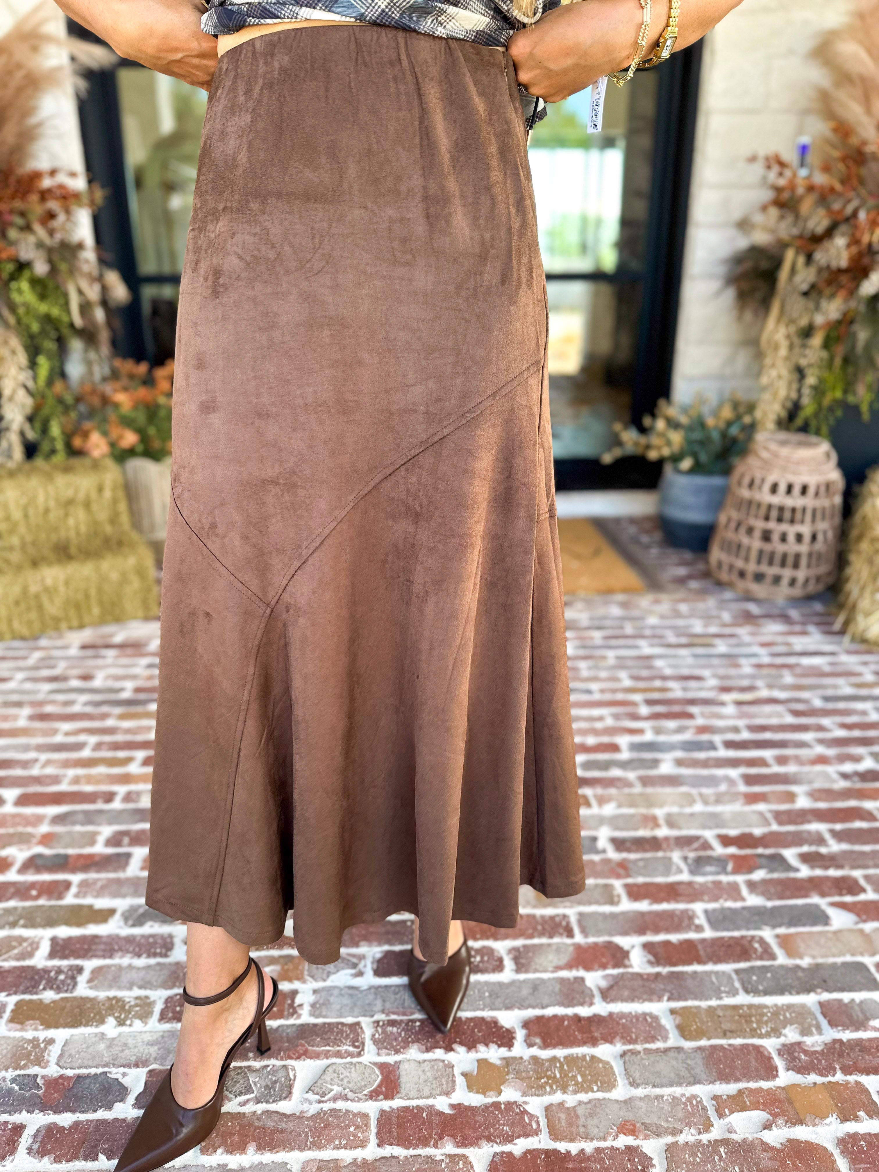 Suede Midi Skirt - Brown-410 Shorts/Skirts-STYLE USA-July & June Women's Fashion Boutique Located in San Antonio, Texas