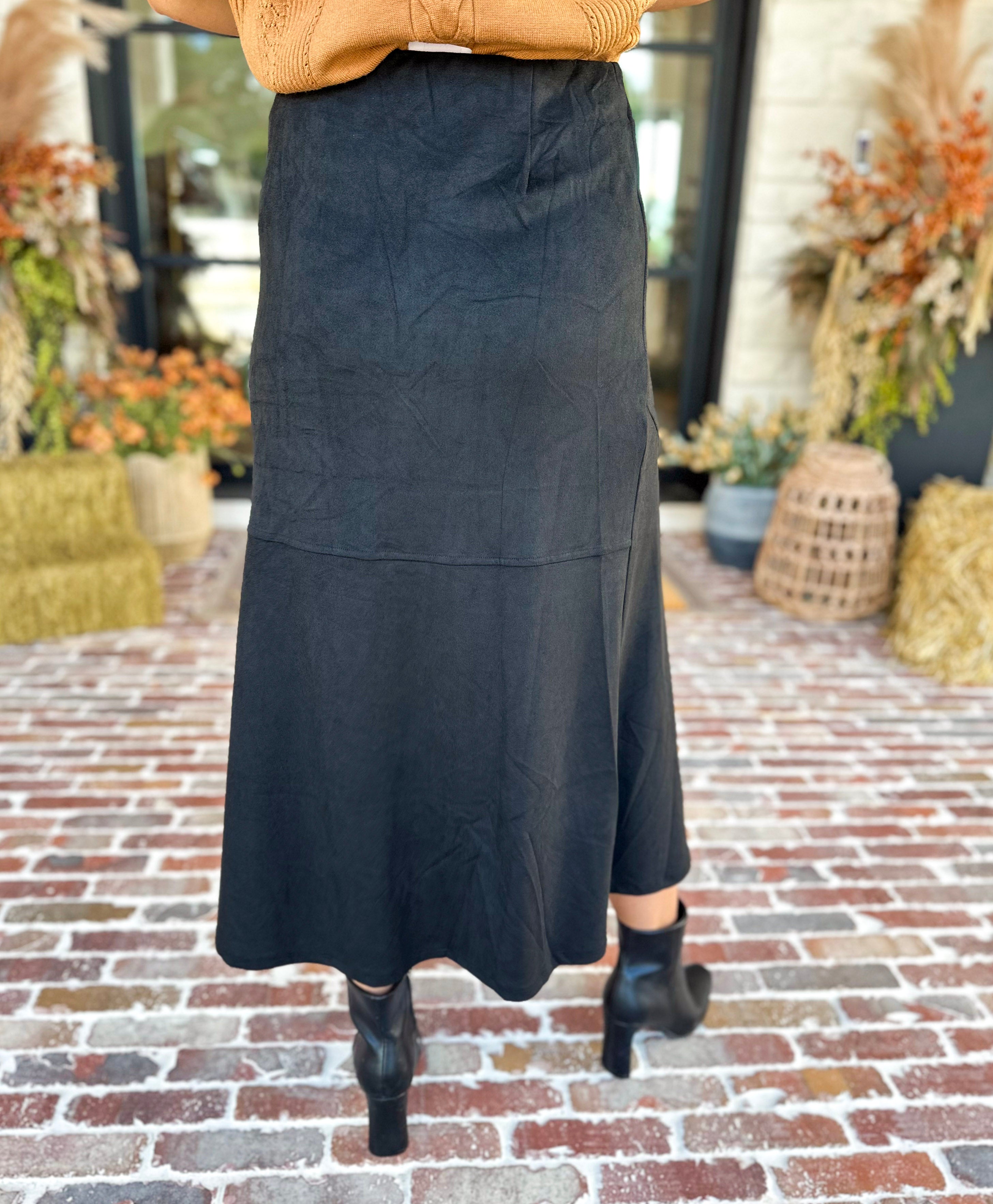 Suede Midi Skirt - Black-410 Shorts/Skirts-STYLE USA-July & June Women's Fashion Boutique Located in San Antonio, Texas
