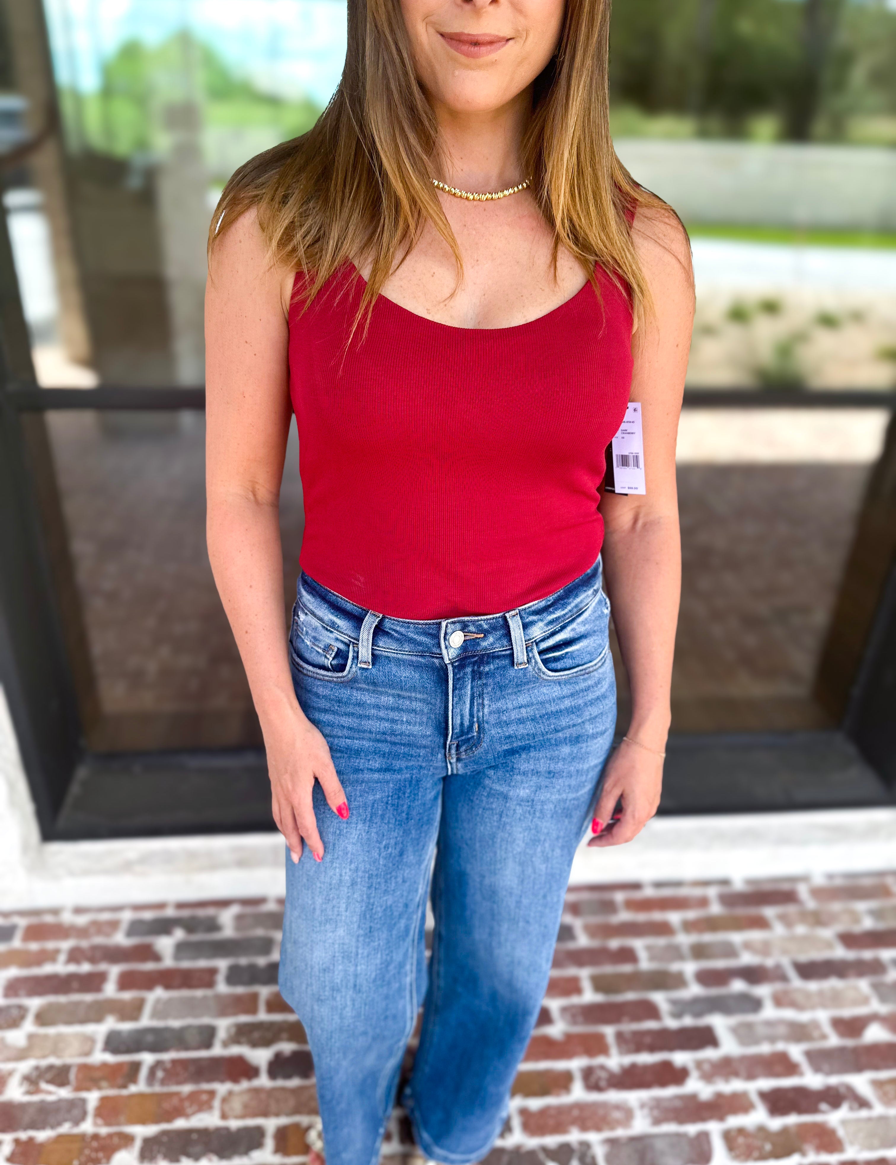 Liverpool - The Signature Scoop Neck Tank - Cranberry-210 Casual Blouses-LIVERPOOL JEANS COMPANY-July & June Women's Fashion Boutique Located in San Antonio, Texas