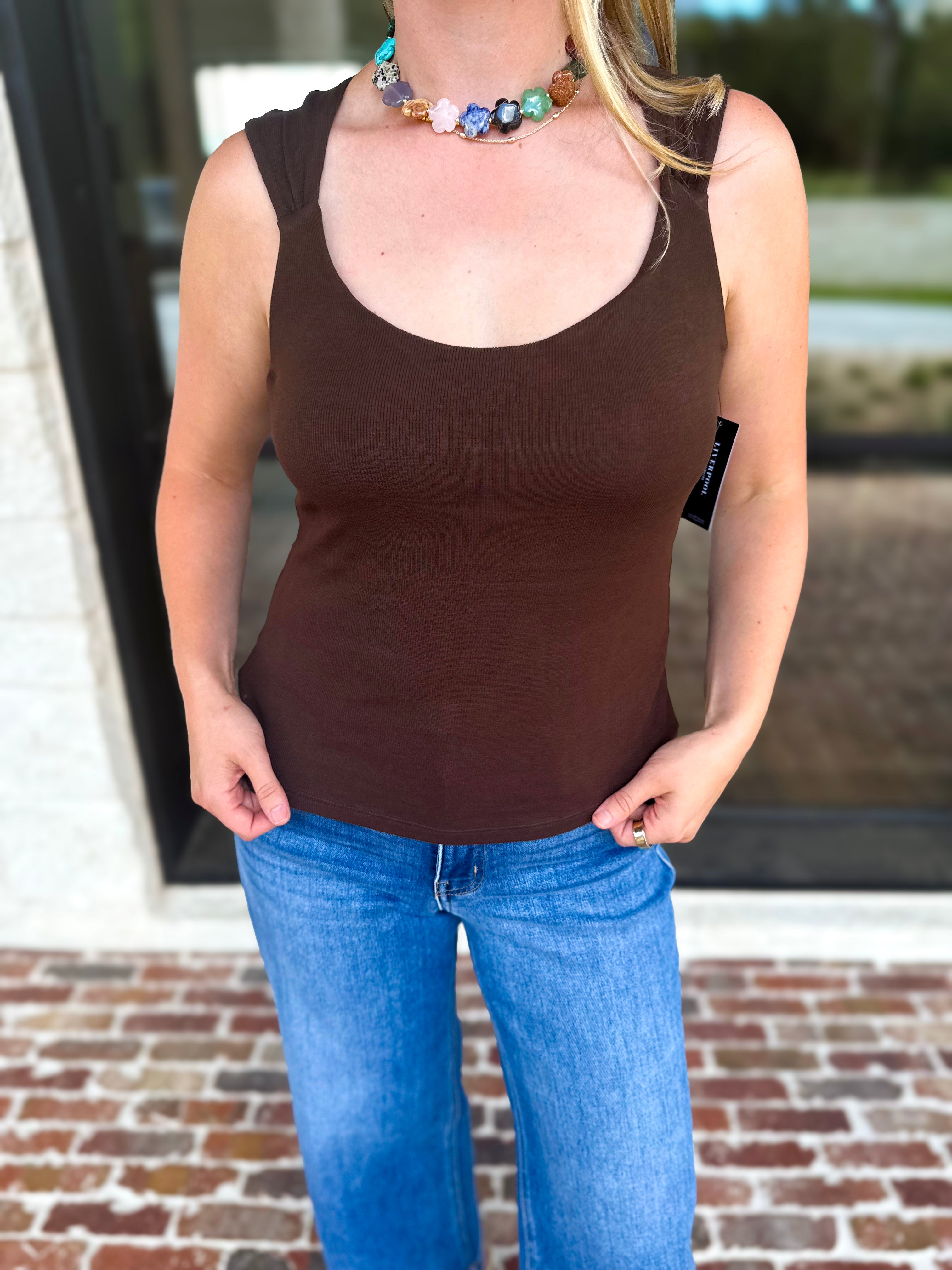 Liverpool - The Signature Scoop Neck Tank - Dark Brown-210 Casual Blouses-LIVERPOOL JEANS COMPANY-July & June Women's Fashion Boutique Located in San Antonio, Texas