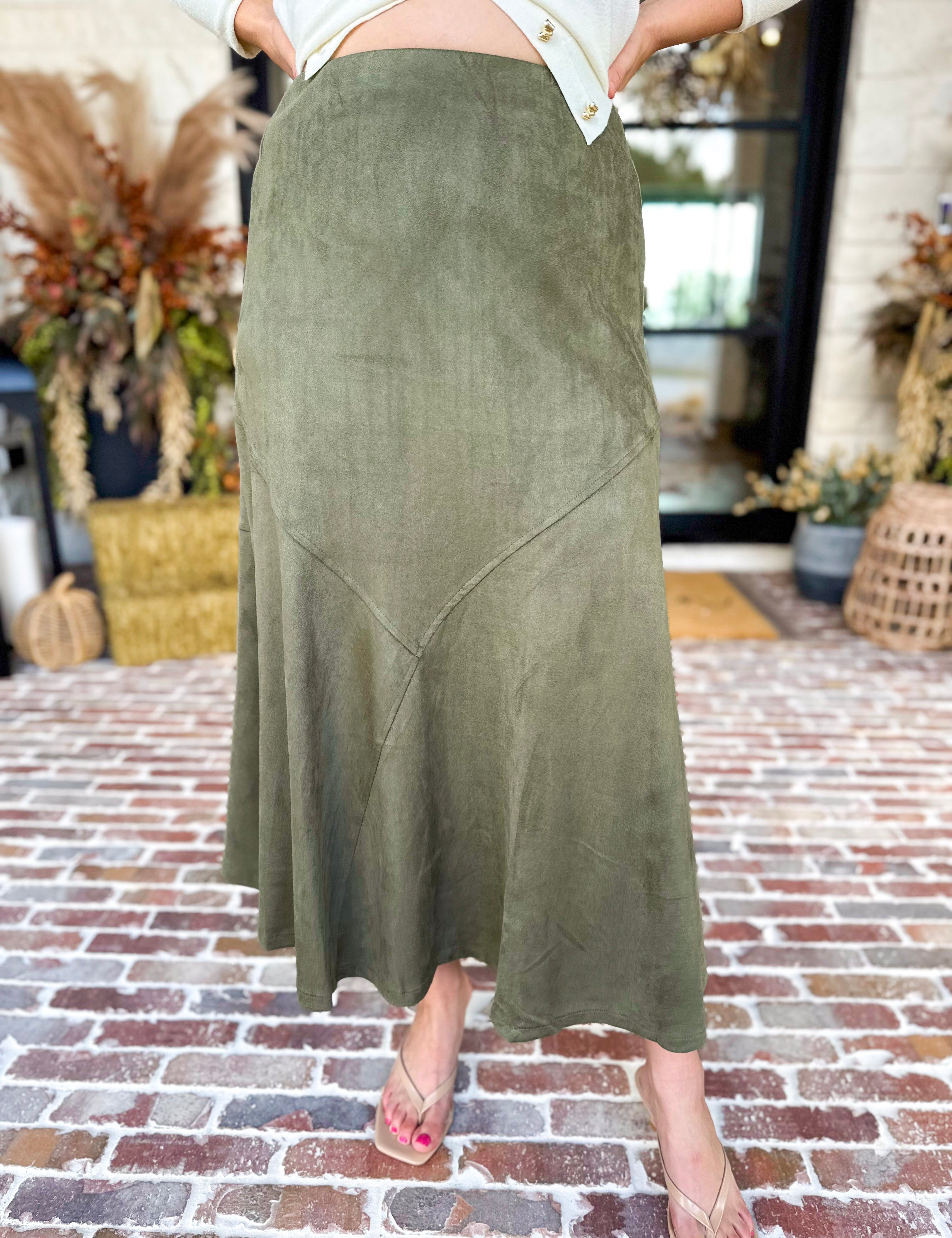 Suede Midi Skirt - Olive-410 Shorts/Skirts-STYLE USA-July & June Women's Fashion Boutique Located in San Antonio, Texas