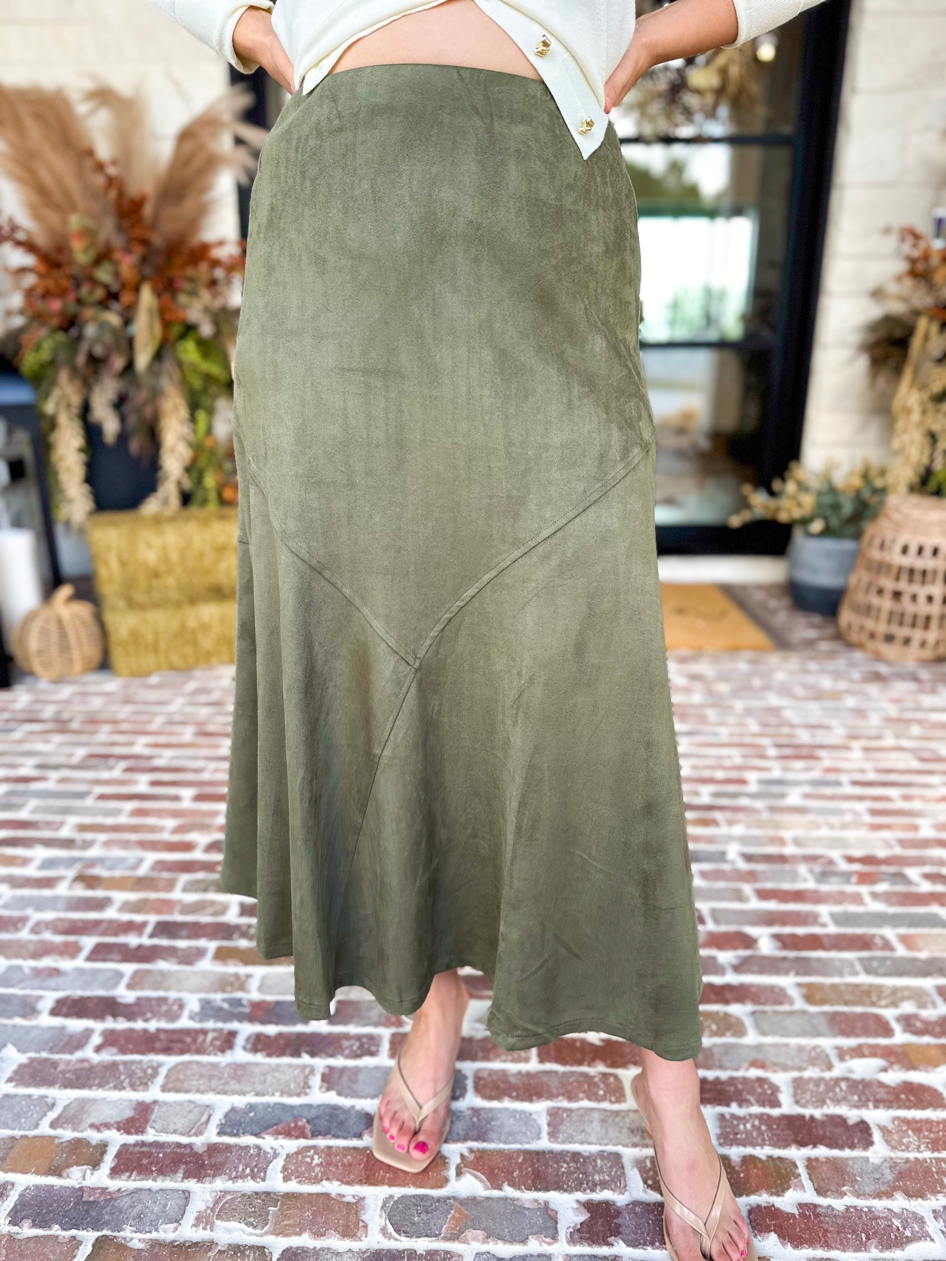 Suede Midi Skirt - Olive-410 Shorts/Skirts-STYLE USA-July & June Women's Fashion Boutique Located in San Antonio, Texas