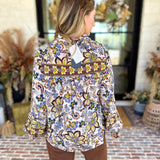 Dusty Blue & Marigold Floral Blouse-200 Fashion Blouses-FATE-July & June Women's Fashion Boutique Located in San Antonio, Texas
