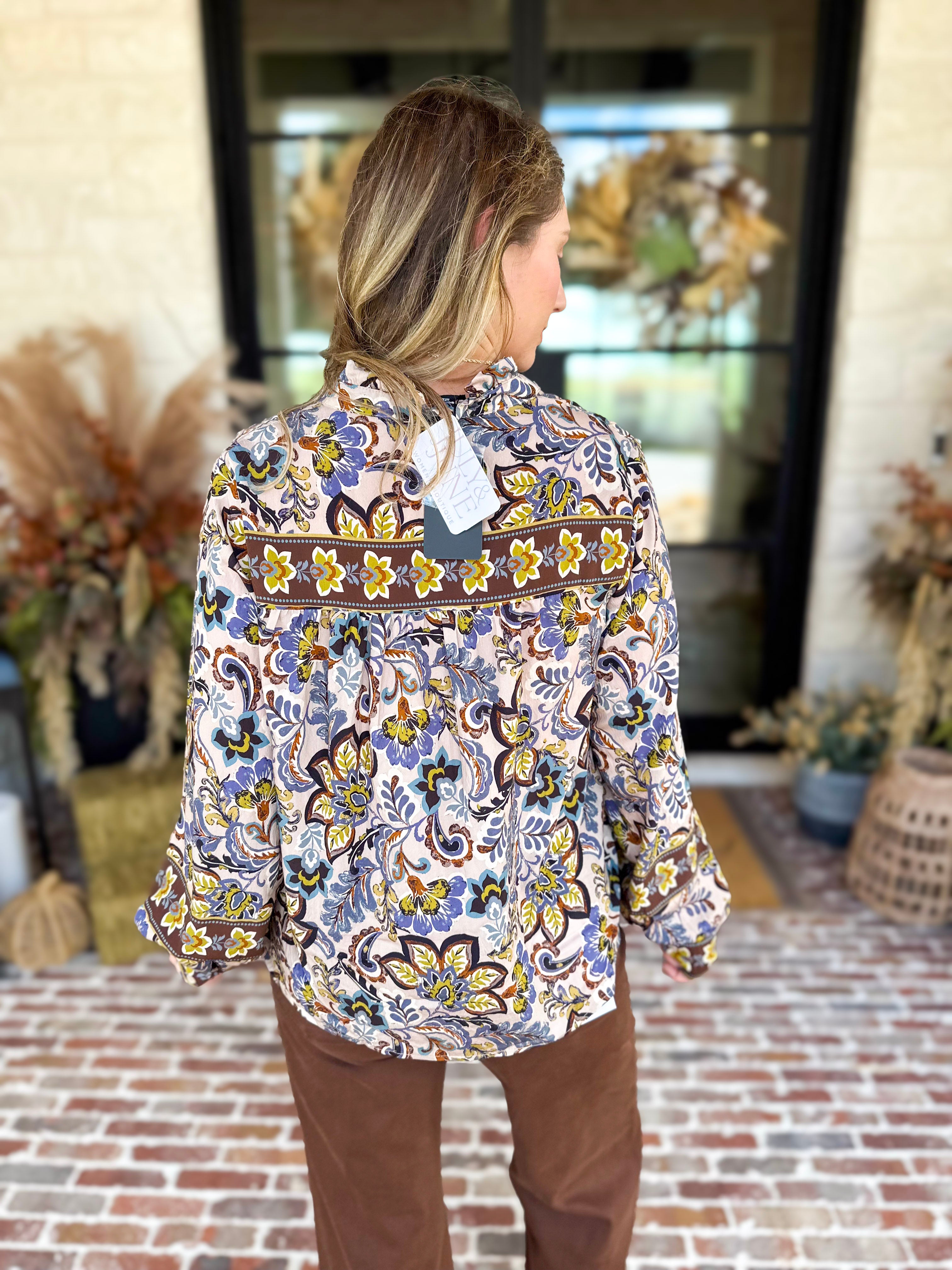 Dusty Blue & Marigold Floral Blouse-200 Fashion Blouses-FATE-July & June Women's Fashion Boutique Located in San Antonio, Texas