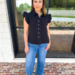 Ruffle & Pearl Detail Button Down Top - Black-200 Fashion Blouses-JODIFL-July & June Women's Fashion Boutique Located in San Antonio, Texas