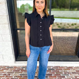 Ruffle & Pearl Detail Button Down Top - Black-200 Fashion Blouses-JODIFL-July & June Women's Fashion Boutique Located in San Antonio, Texas