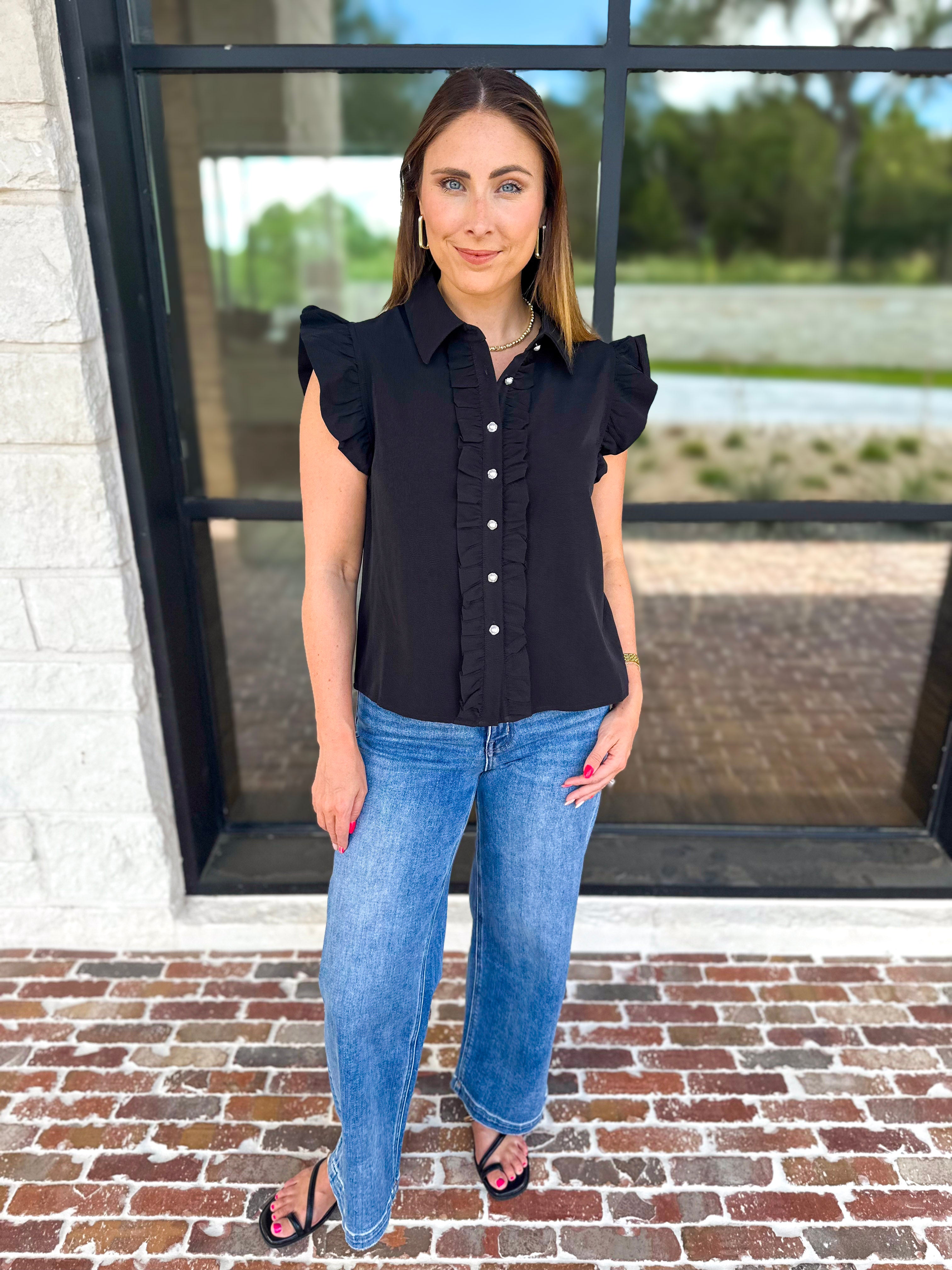 Ruffle & Pearl Detail Button Down Top - Black-200 Fashion Blouses-JODIFL-July & June Women's Fashion Boutique Located in San Antonio, Texas