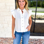 Ruffle & Pearl Detail Button Down Top - White-200 Fashion Blouses-JODIFL-July & June Women's Fashion Boutique Located in San Antonio, Texas