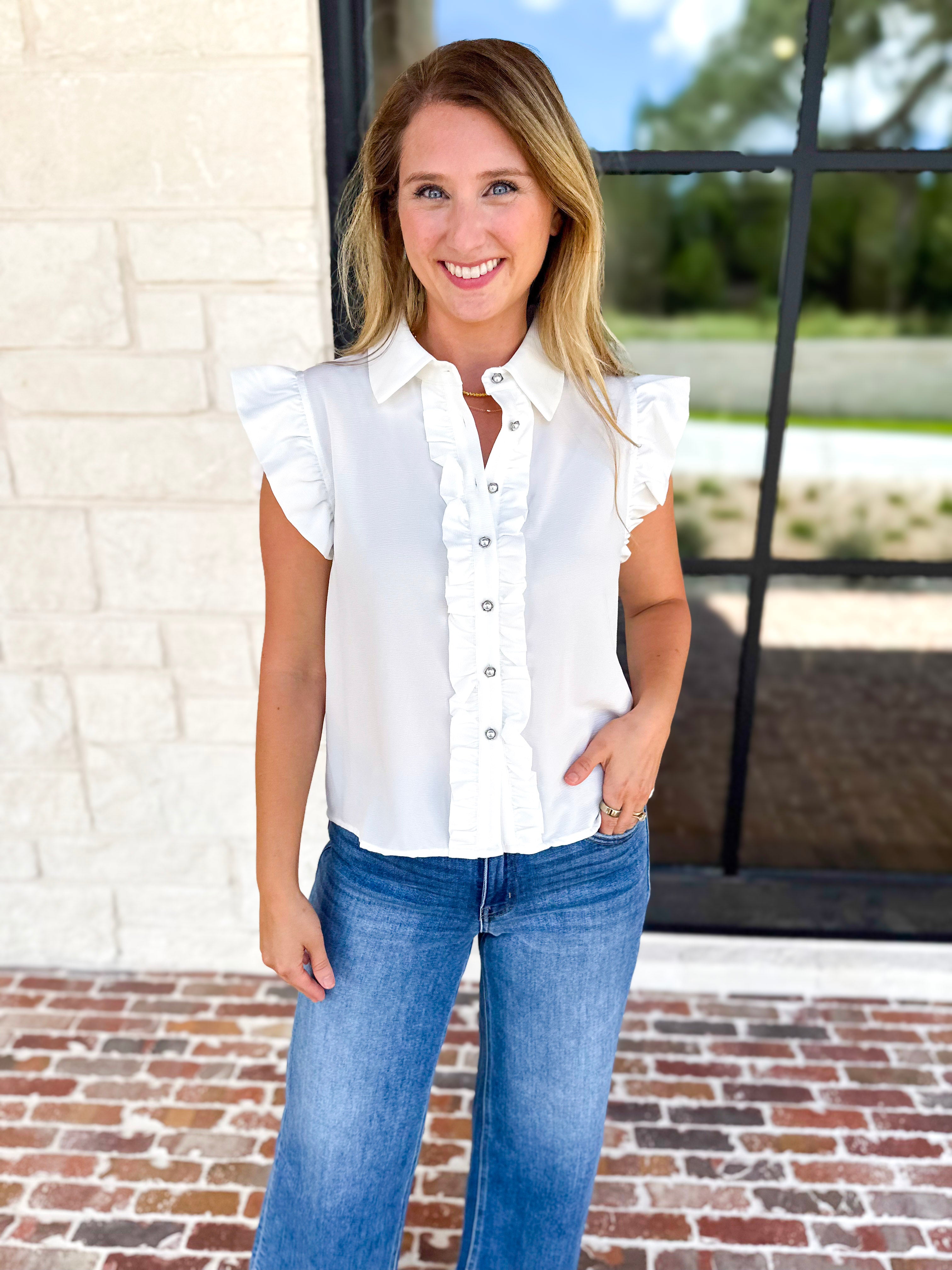 Ruffle & Pearl Detail Button Down Top - White-200 Fashion Blouses-JODIFL-July & June Women's Fashion Boutique Located in San Antonio, Texas