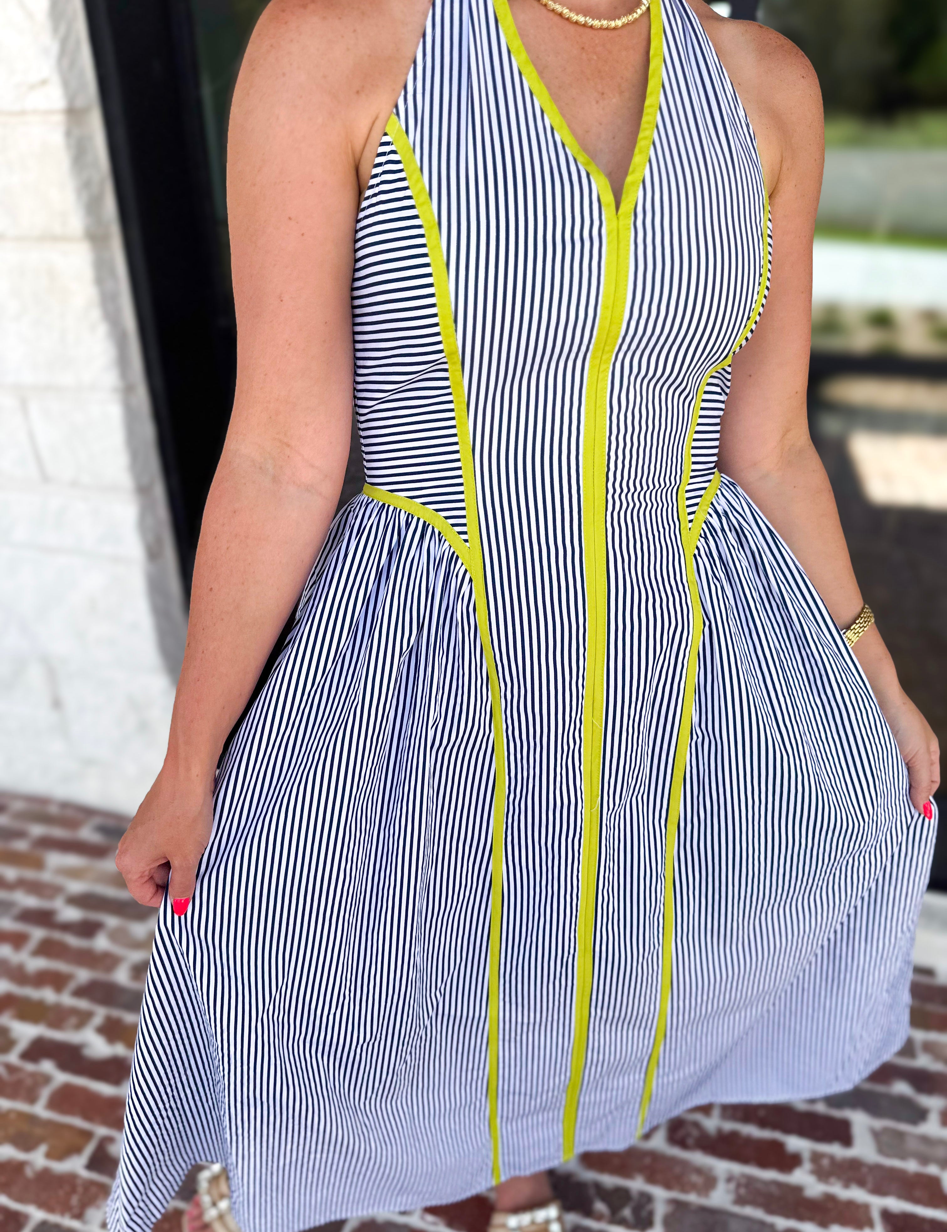 Chic Striped Halter Midi Dress-500 Midi-ENTRO-July & June Women's Fashion Boutique Located in San Antonio, Texas