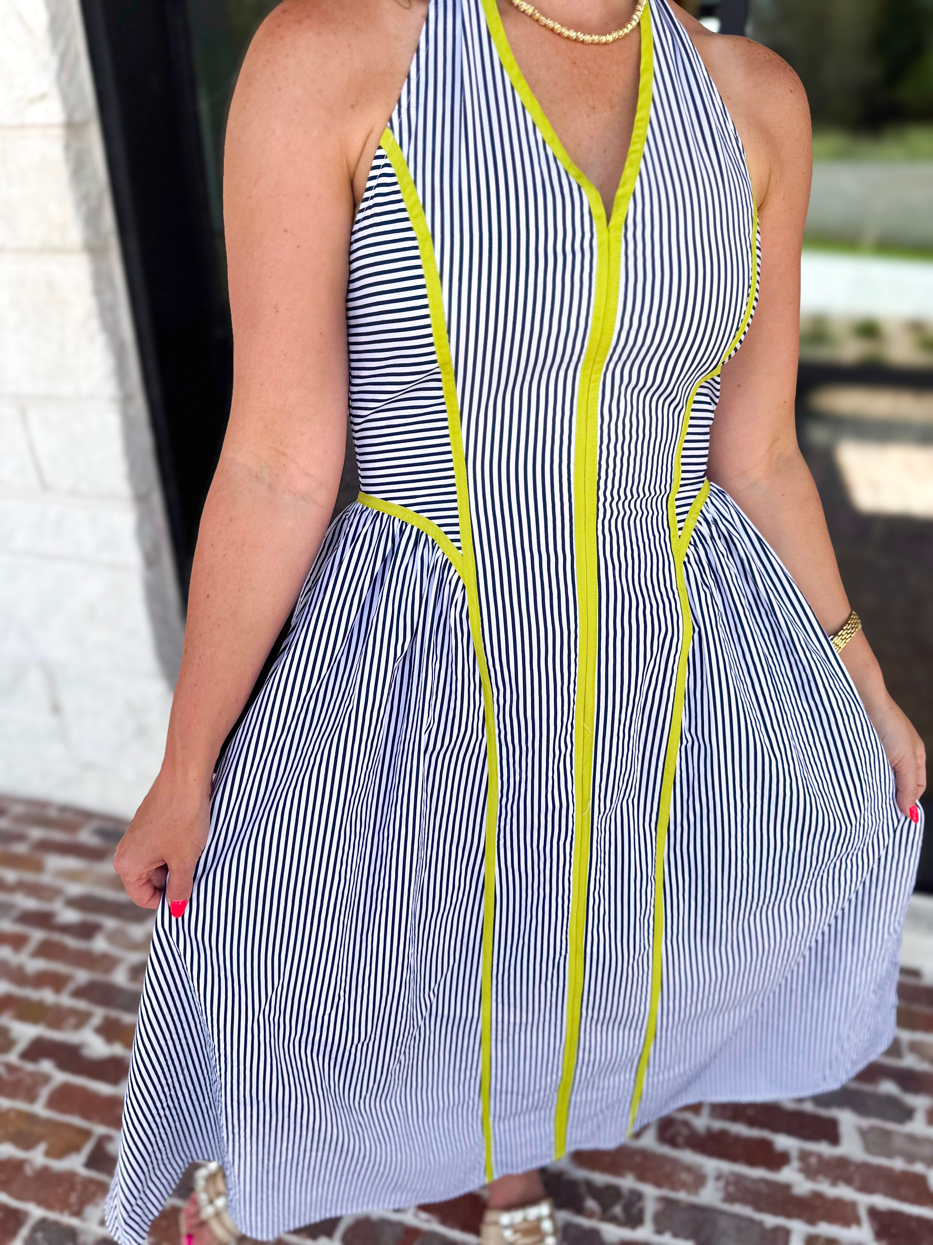 Chic Striped Halter Midi Dress-500 Midi-ENTRO-July & June Women's Fashion Boutique Located in San Antonio, Texas