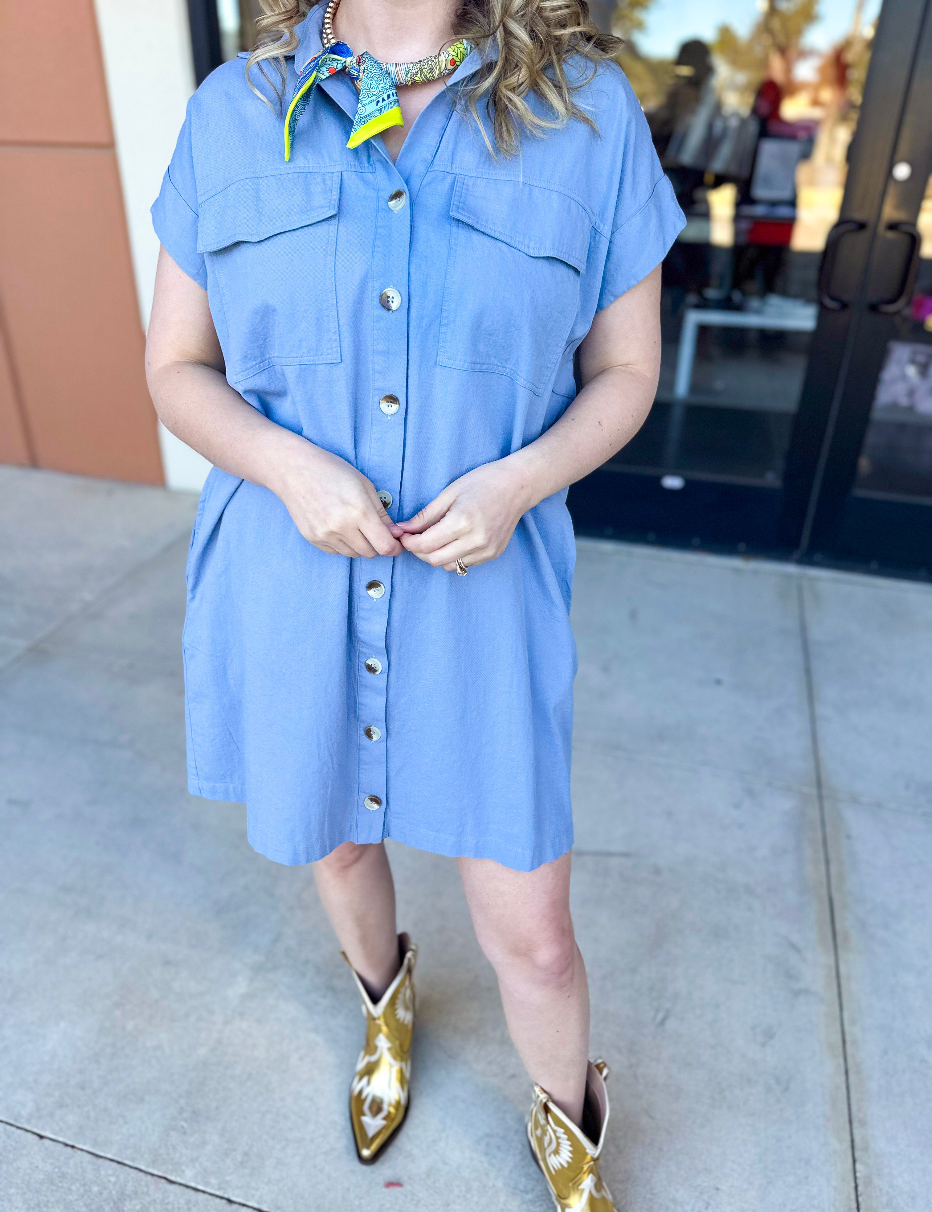 Go-To Utility Mini Dress - Blue-510 Mini-IN FEBRUARY-July & June Women's Fashion Boutique Located in San Antonio, Texas