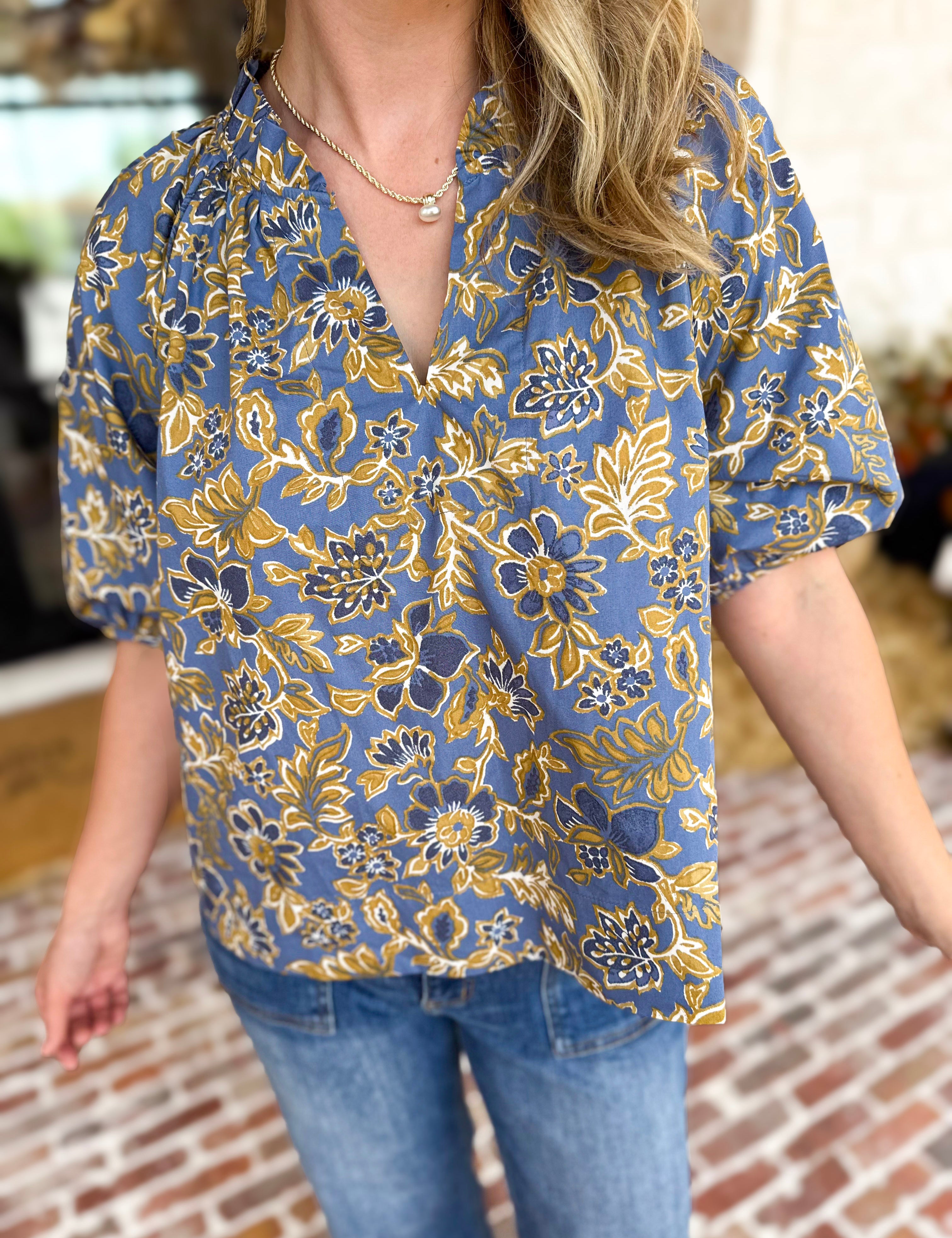 Marina Floral Puff Sleeve Blouse-200 Fashion Blouses-OLIVACEOUS-July & June Women's Fashion Boutique Located in San Antonio, Texas