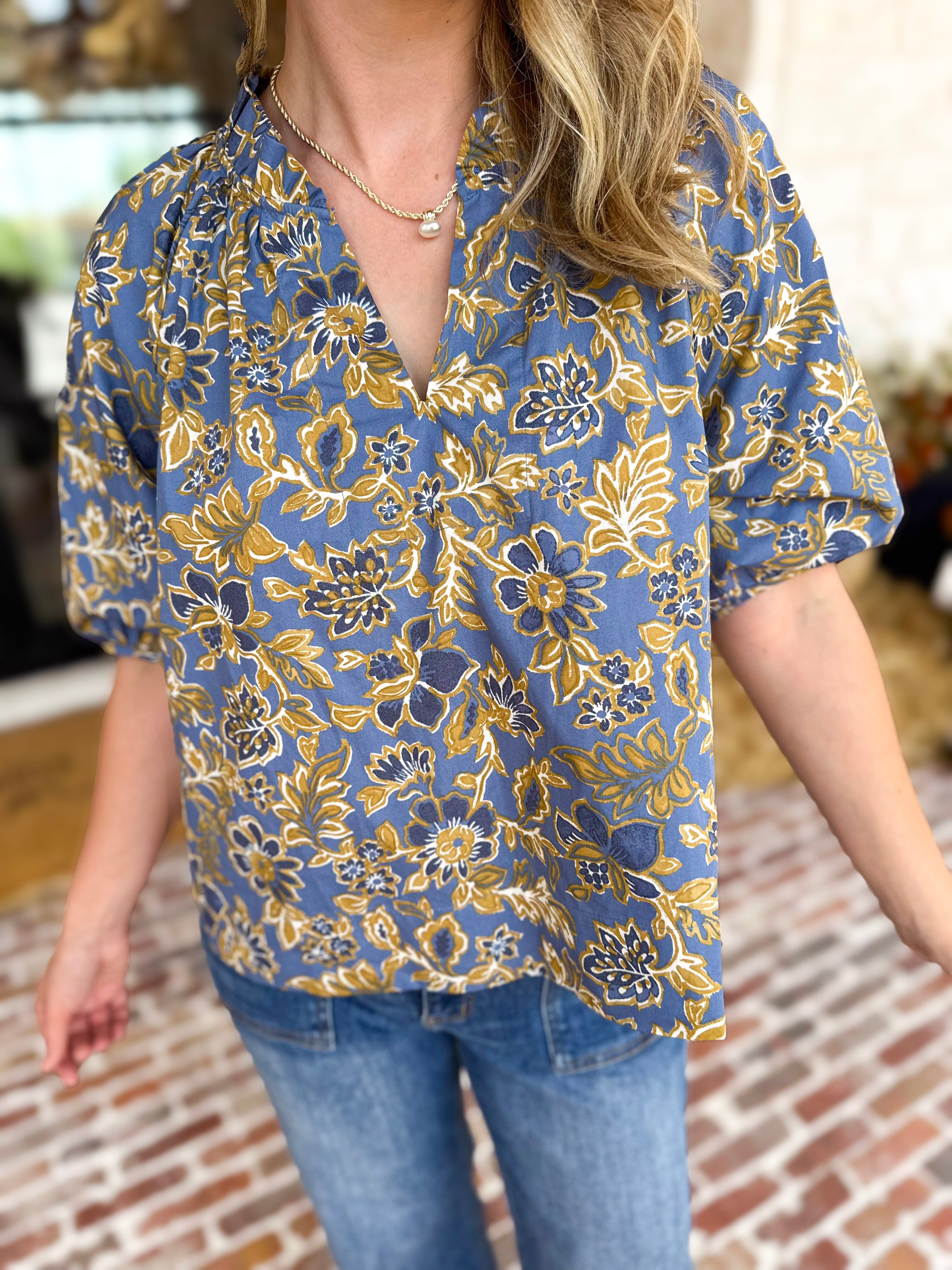 Marina Floral Puff Sleeve Blouse-200 Fashion Blouses-OLIVACEOUS-July & June Women's Fashion Boutique Located in San Antonio, Texas
