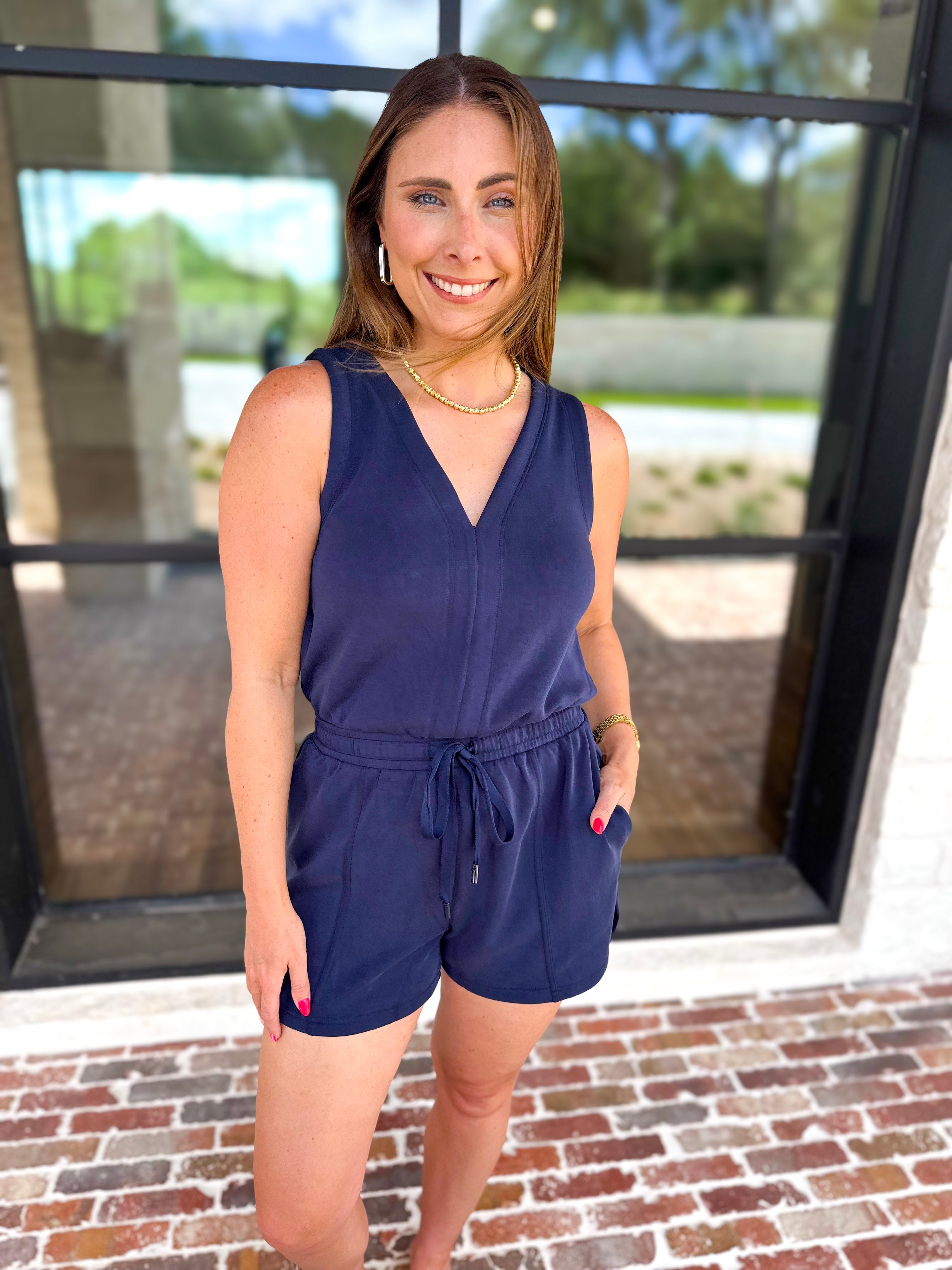 The Weekender Navy Romper-300 Athleisure/Lounge-SKIES ARE BLUE-July & June Women's Fashion Boutique Located in San Antonio, Texas