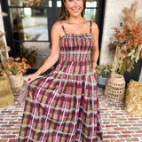 Cranberry Grove Plaid Sweetheart Midi Dress-500 Midi-TCEC-July & June Women's Fashion Boutique Located in San Antonio, Texas