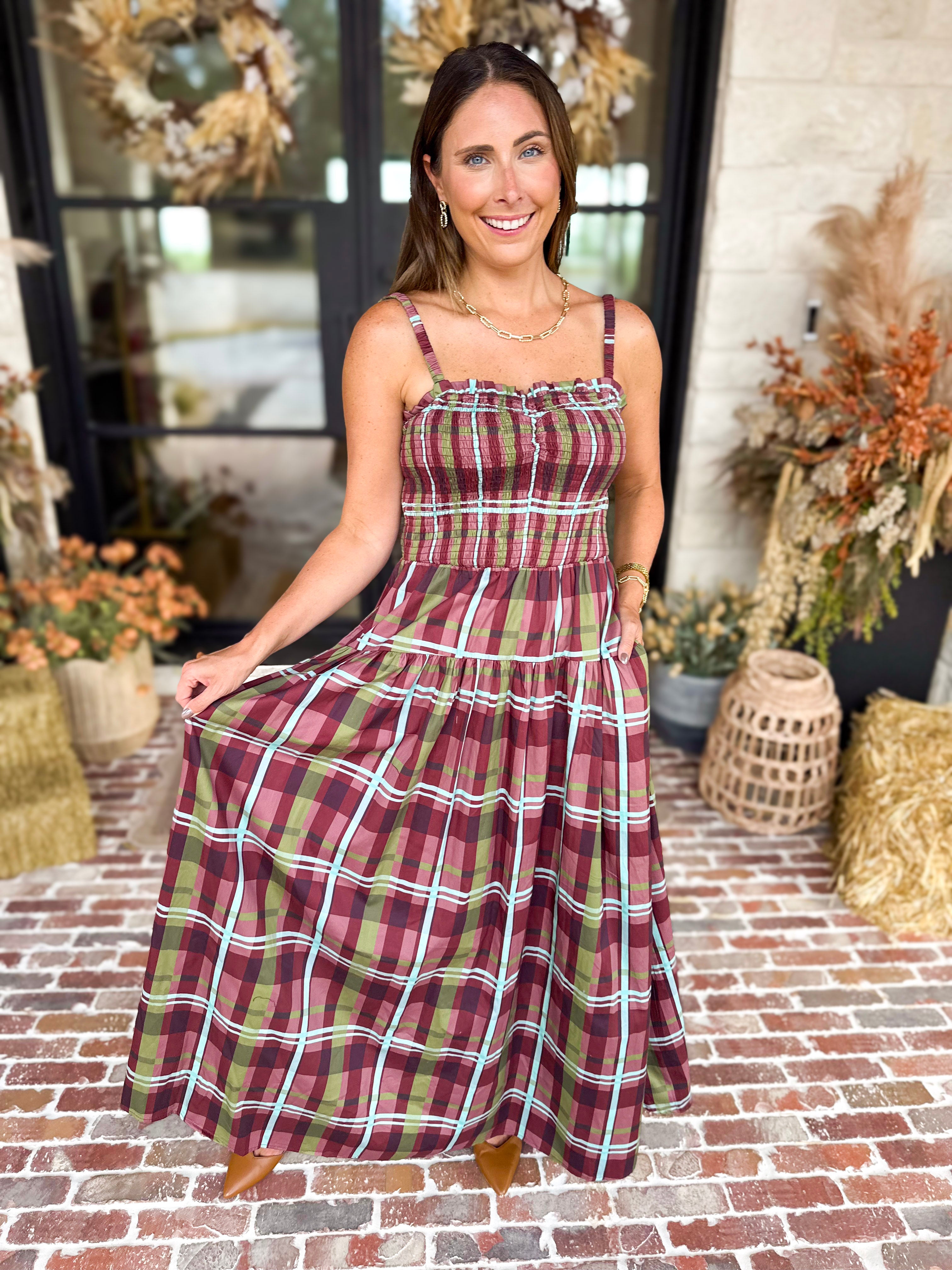Cranberry Grove Plaid Sweetheart Midi Dress-500 Midi-TCEC-July & June Women's Fashion Boutique Located in San Antonio, Texas