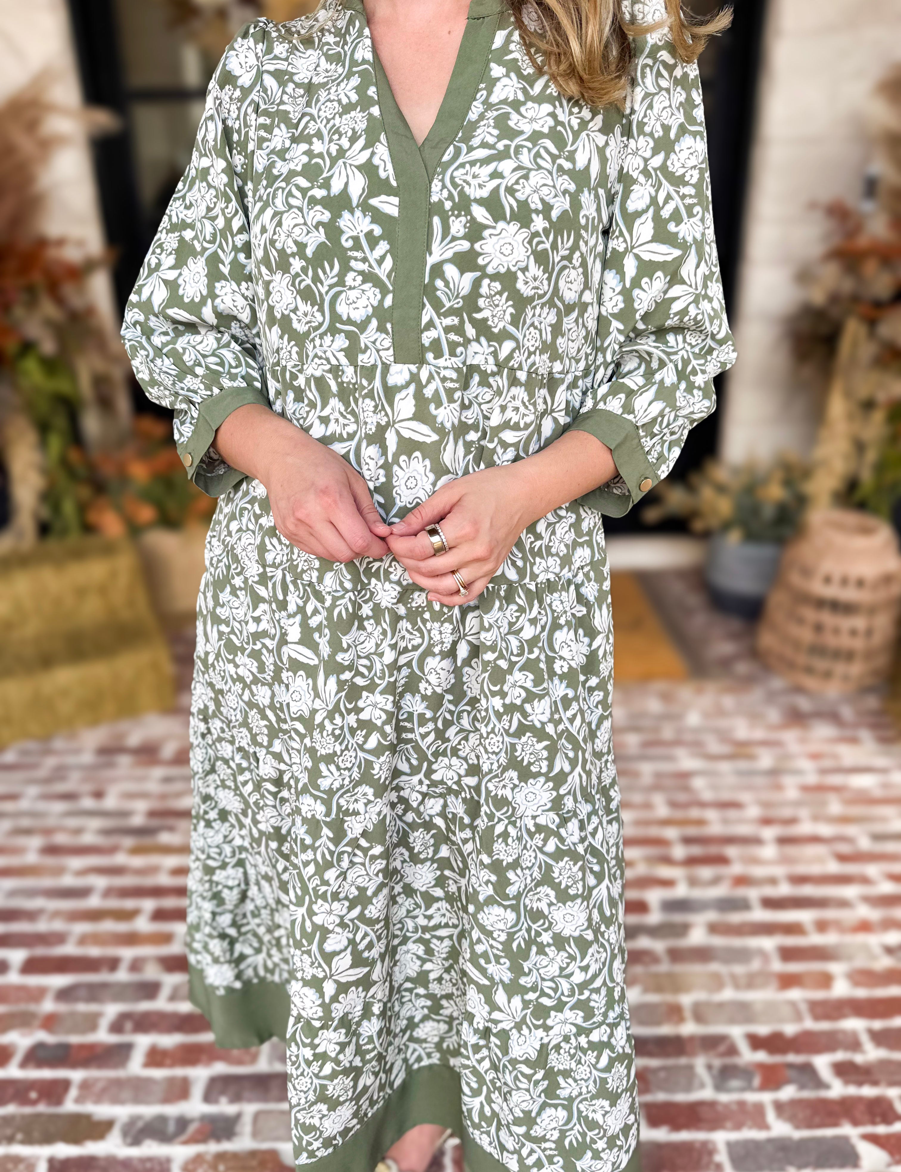 Mary Square - Sage Floral Flowy Midi Dress-500 Midi-MARY SQUARE-July & June Women's Fashion Boutique Located in San Antonio, Texas