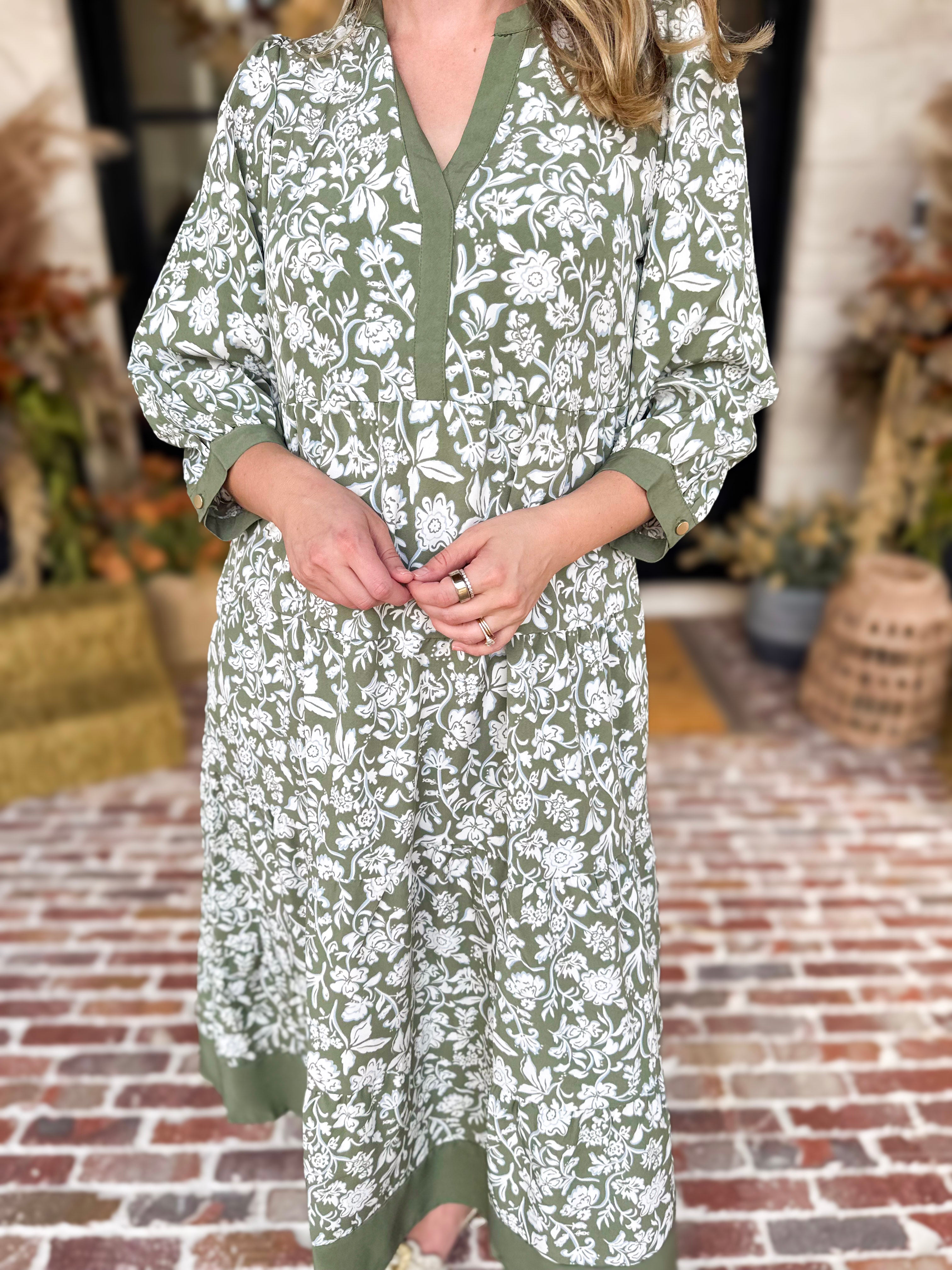 Mary Square - Sage Floral Flowy Midi Dress-500 Midi-MARY SQUARE-July & June Women's Fashion Boutique Located in San Antonio, Texas