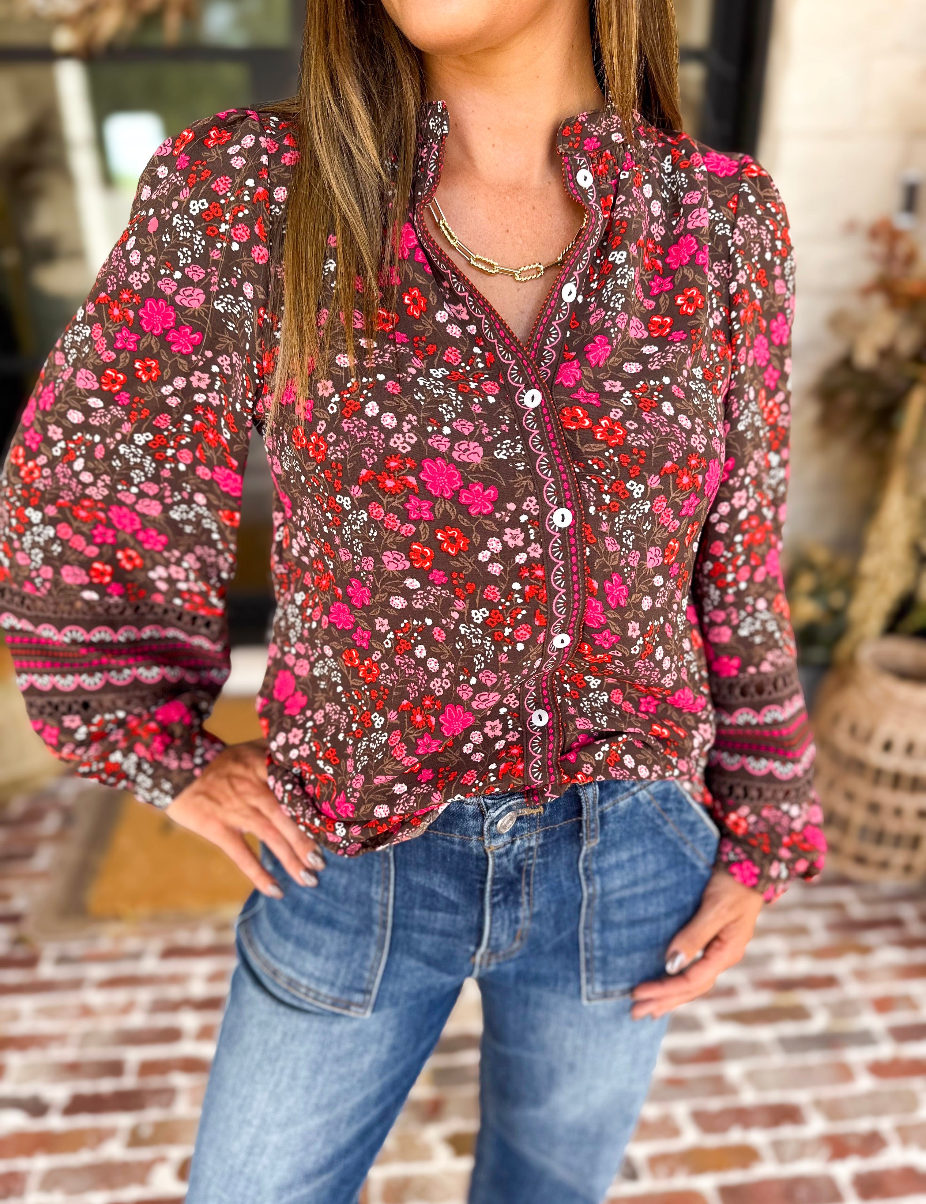 Mary Square - Raspberry Florals Blouse-200 Fashion Blouses-MARY SQUARE-July & June Women's Fashion Boutique Located in San Antonio, Texas