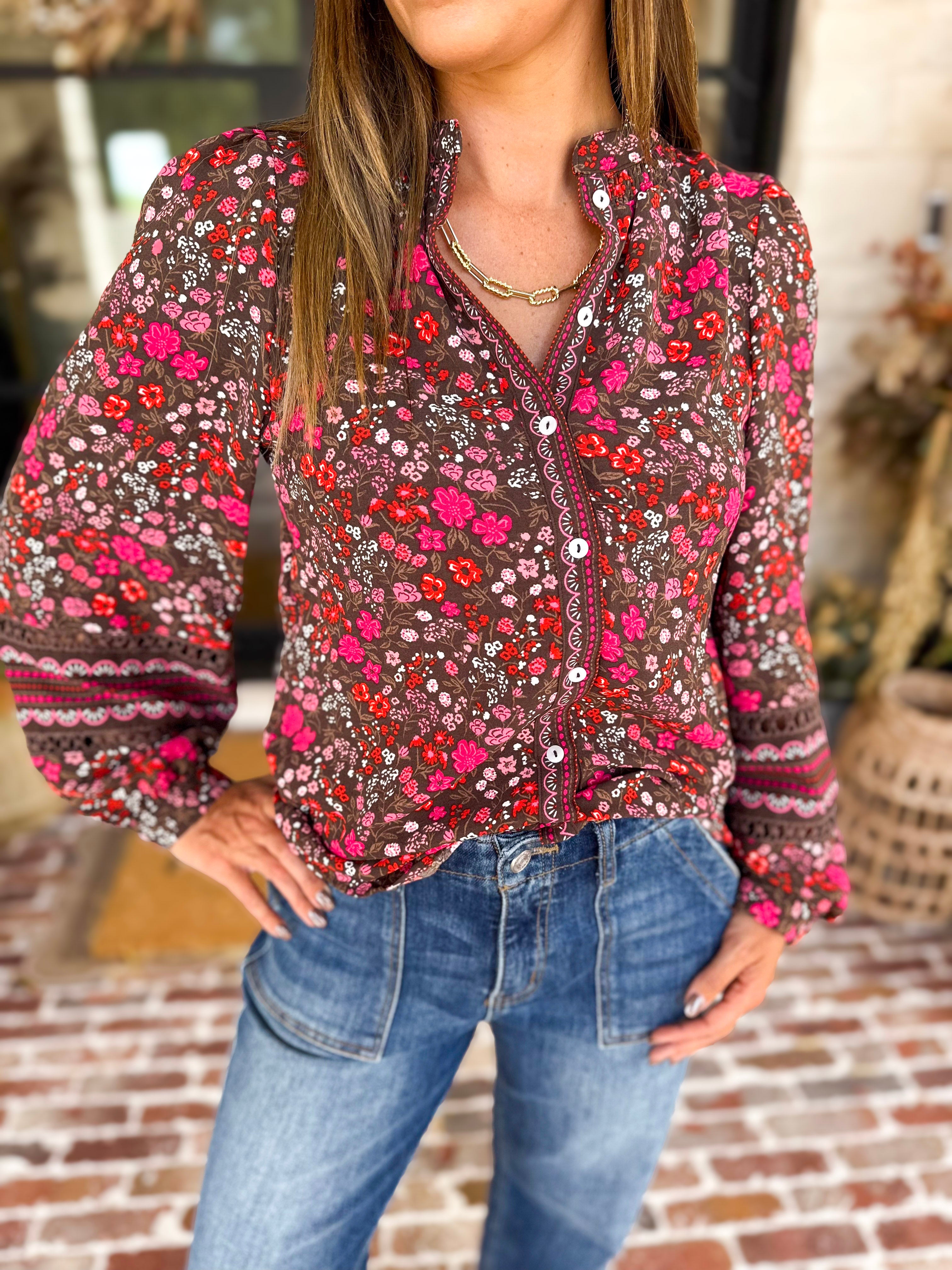 Mary Square - Raspberry Florals Blouse-200 Fashion Blouses-MARY SQUARE-July & June Women's Fashion Boutique Located in San Antonio, Texas