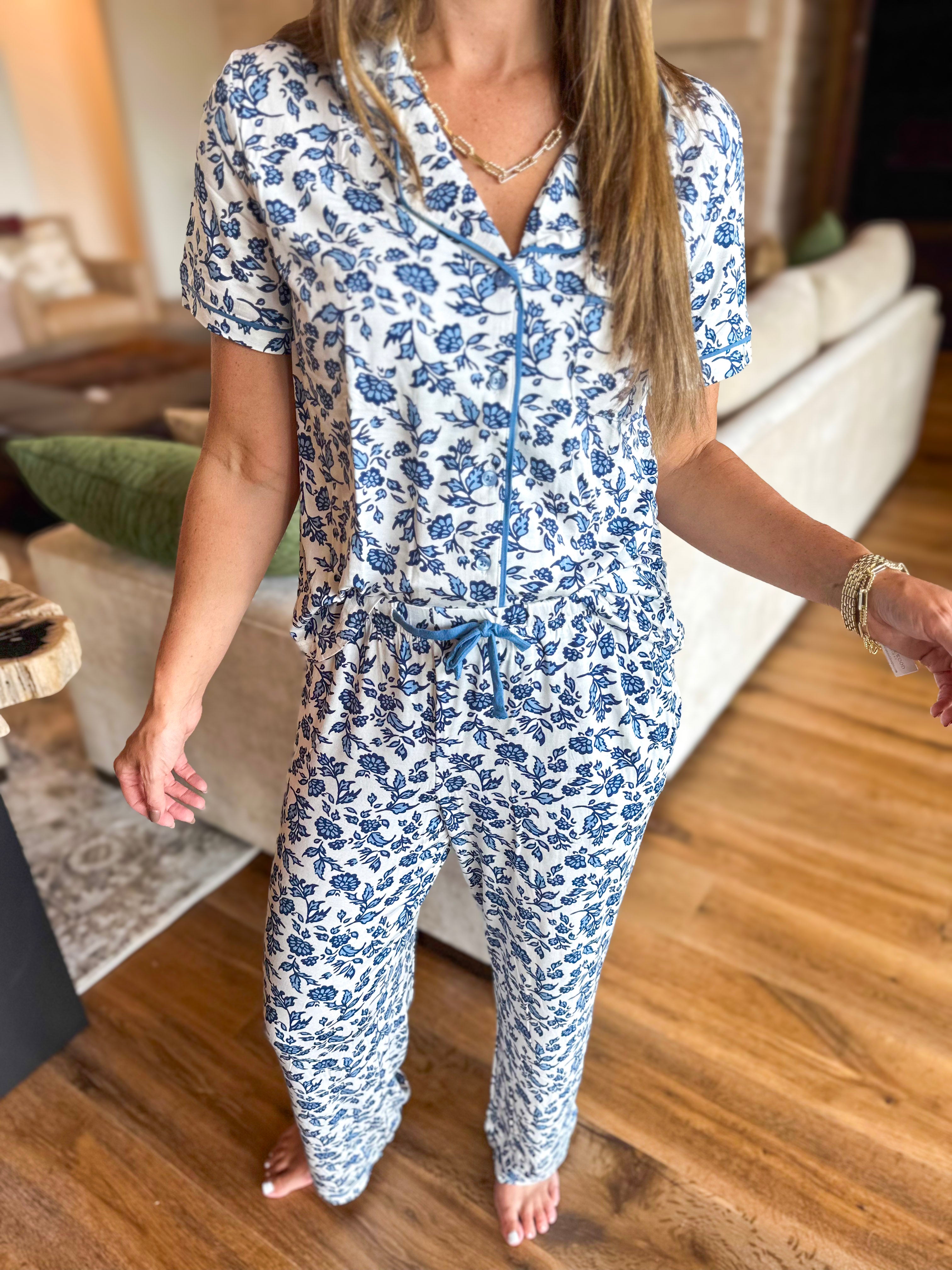 Mary Square - Ivy Navy Script PJ Pant Set-300 Athleisure/Lounge-MARY SQUARE-July & June Women's Fashion Boutique Located in San Antonio, Texas