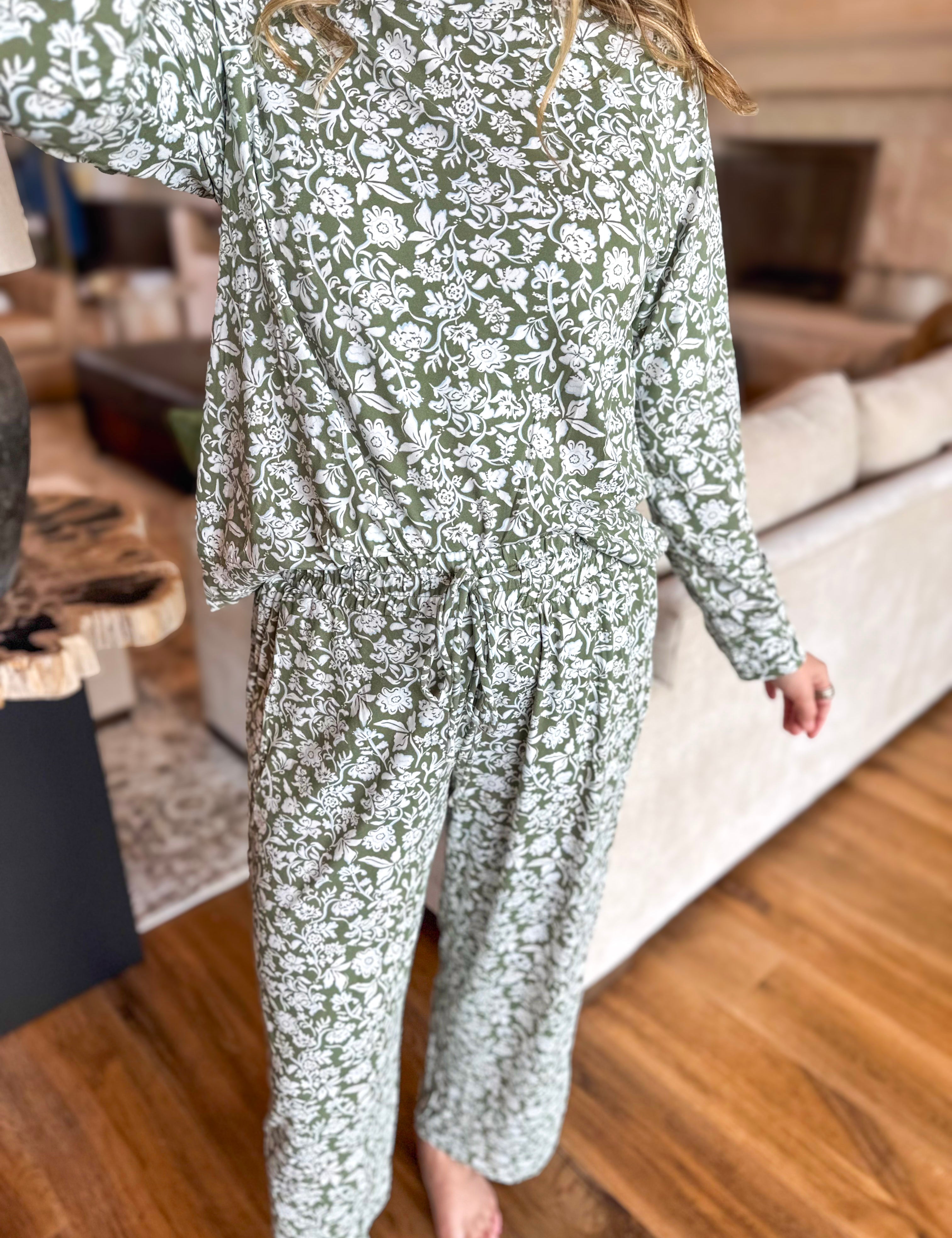 Mary Square - Olive Painted Trillium PJ Pant Set-300 Athleisure/Lounge-MARY SQUARE-July & June Women's Fashion Boutique Located in San Antonio, Texas