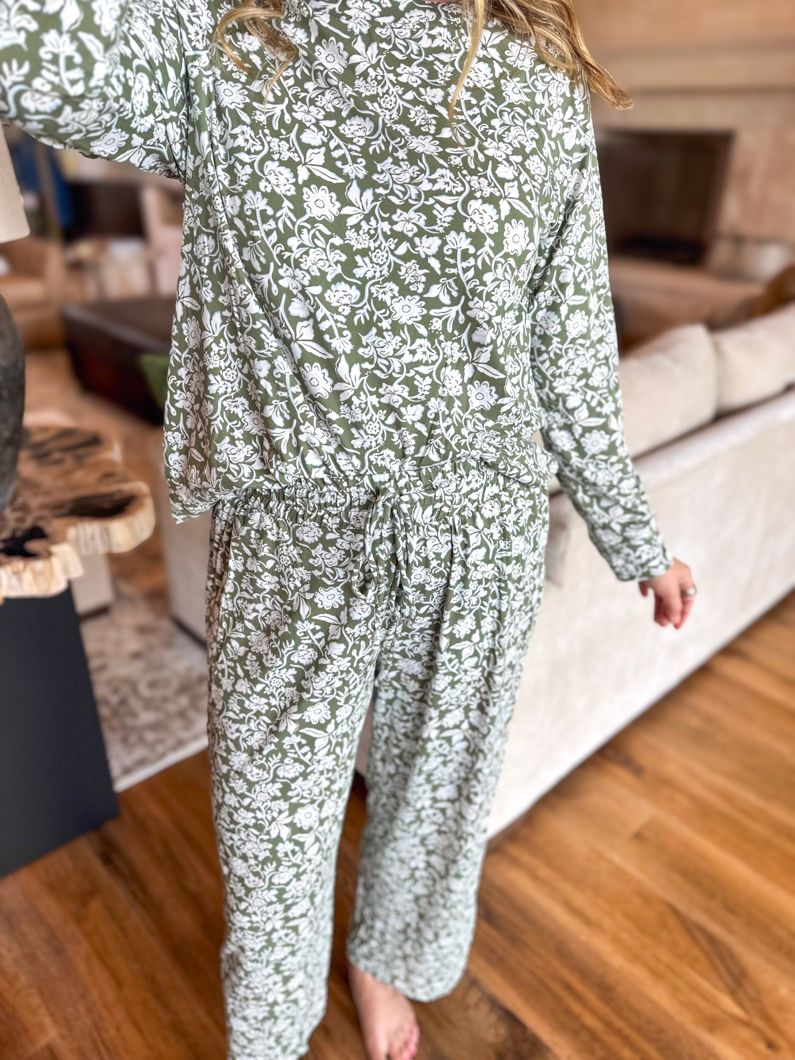 Mary Square - Olive Painted Trillium PJ Pant Set-300 Athleisure/Lounge-MARY SQUARE-July & June Women's Fashion Boutique Located in San Antonio, Texas