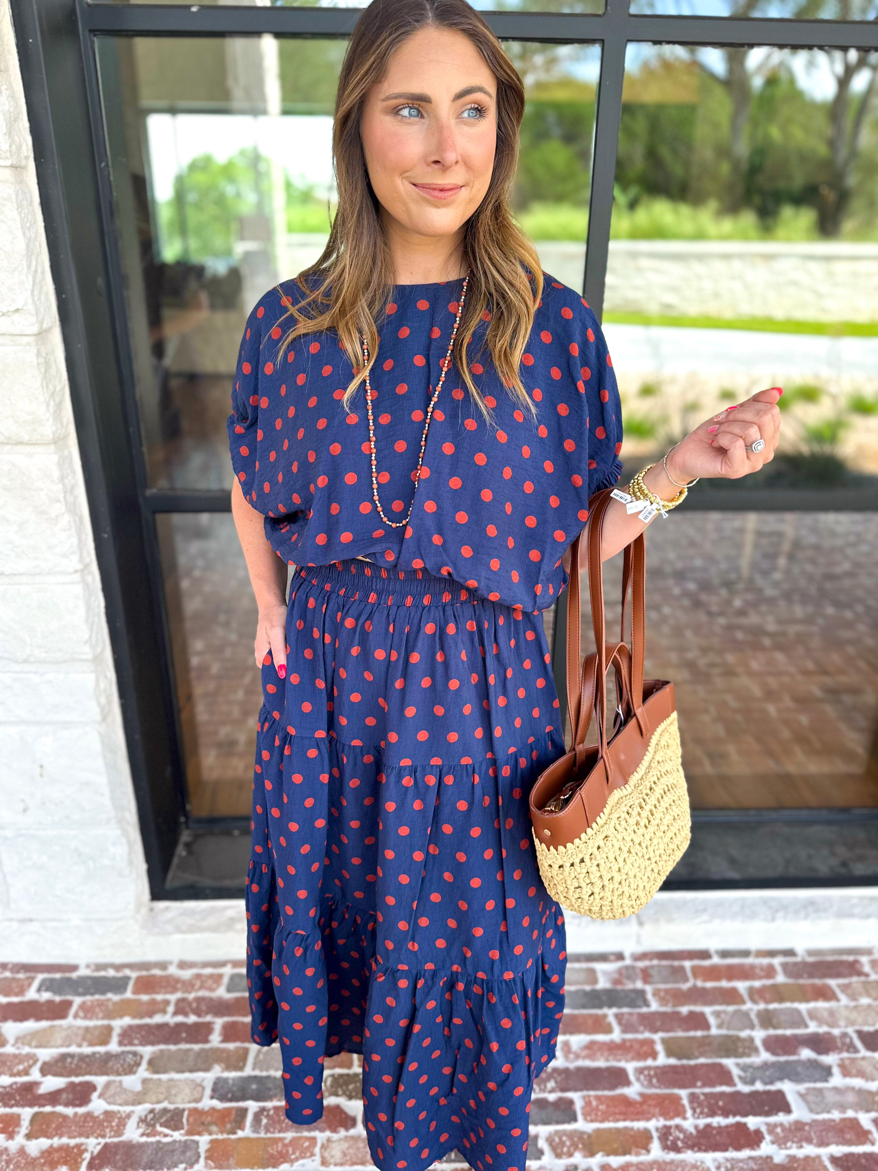 Darling in Dots Set - Navy & Rust-500 Midi-ENTRO-July & June Women's Fashion Boutique Located in San Antonio, Texas
