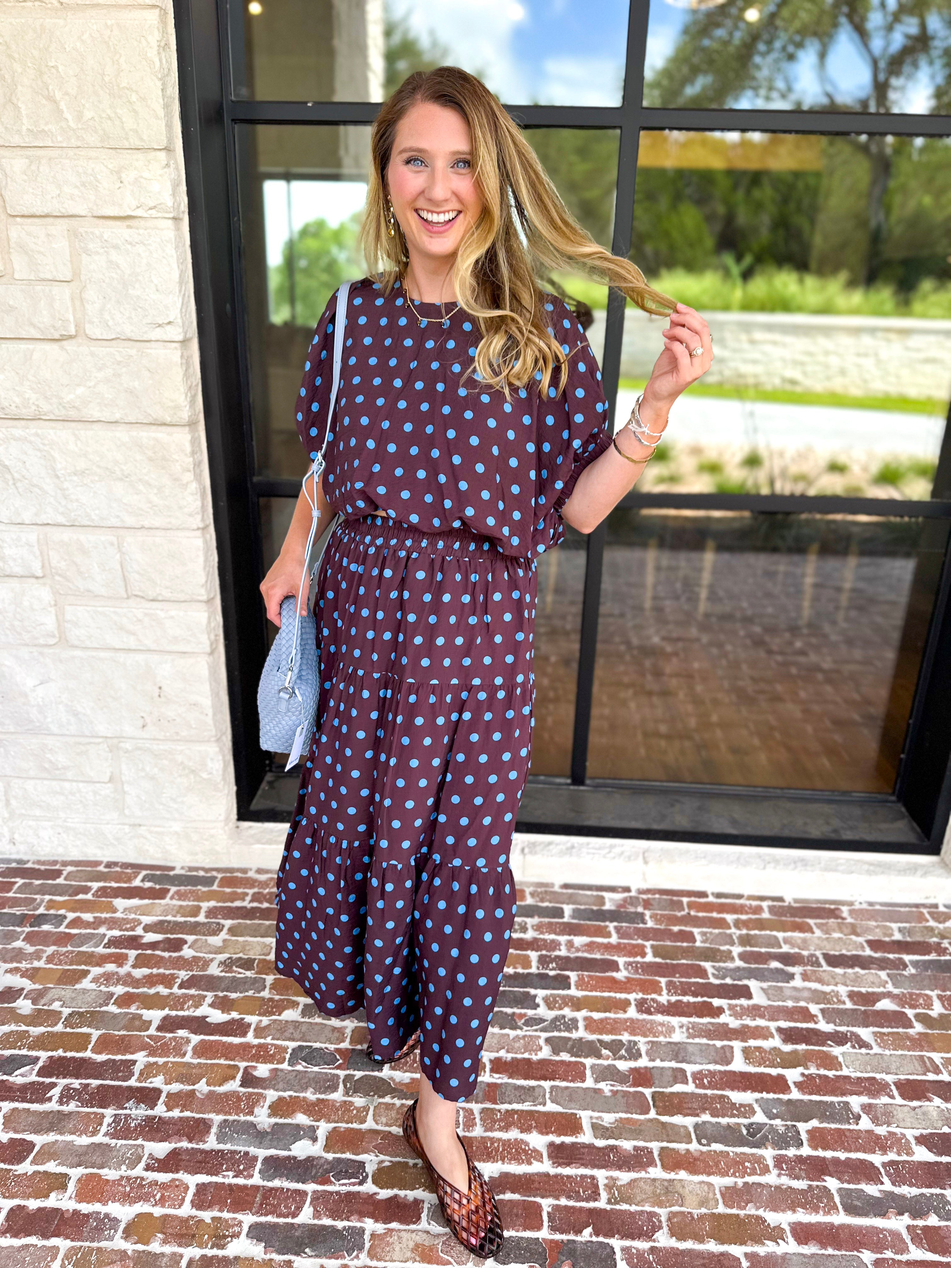 Darling in Dots Set - Brown & Blue-500 Midi-ENTRO-July & June Women's Fashion Boutique Located in San Antonio, Texas