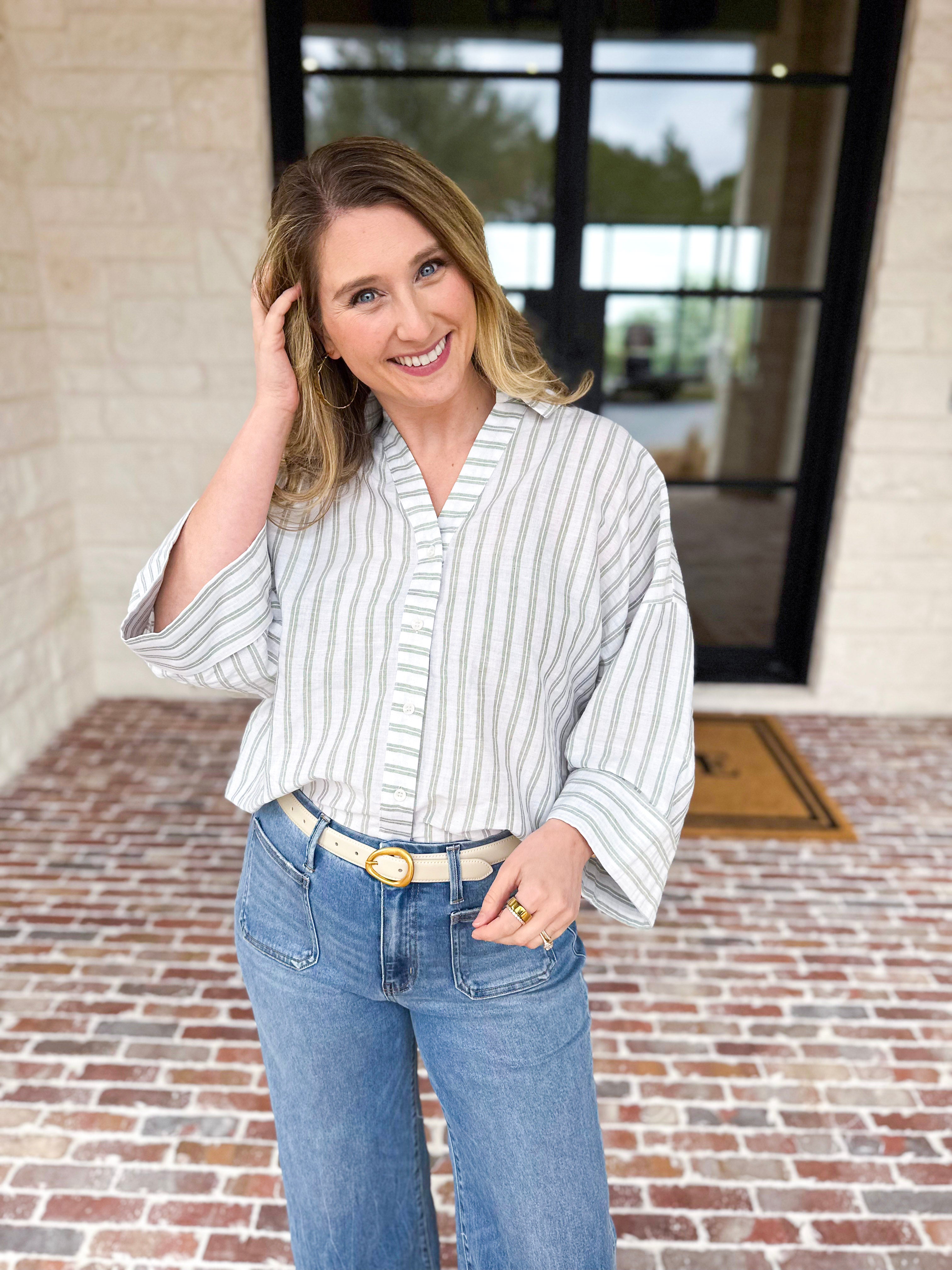 Comfy Coastal Button Down - Sage-200 Fashion Blouses-IN FEBRUARY-July & June Women's Fashion Boutique Located in San Antonio, Texas