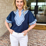 THML - Navy & Light Blue Blouse-200 Fashion Blouses-THML-July & June Women's Fashion Boutique Located in San Antonio, Texas