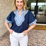 THML - Navy & Light Blue Blouse-200 Fashion Blouses-THML-July & June Women's Fashion Boutique Located in San Antonio, Texas