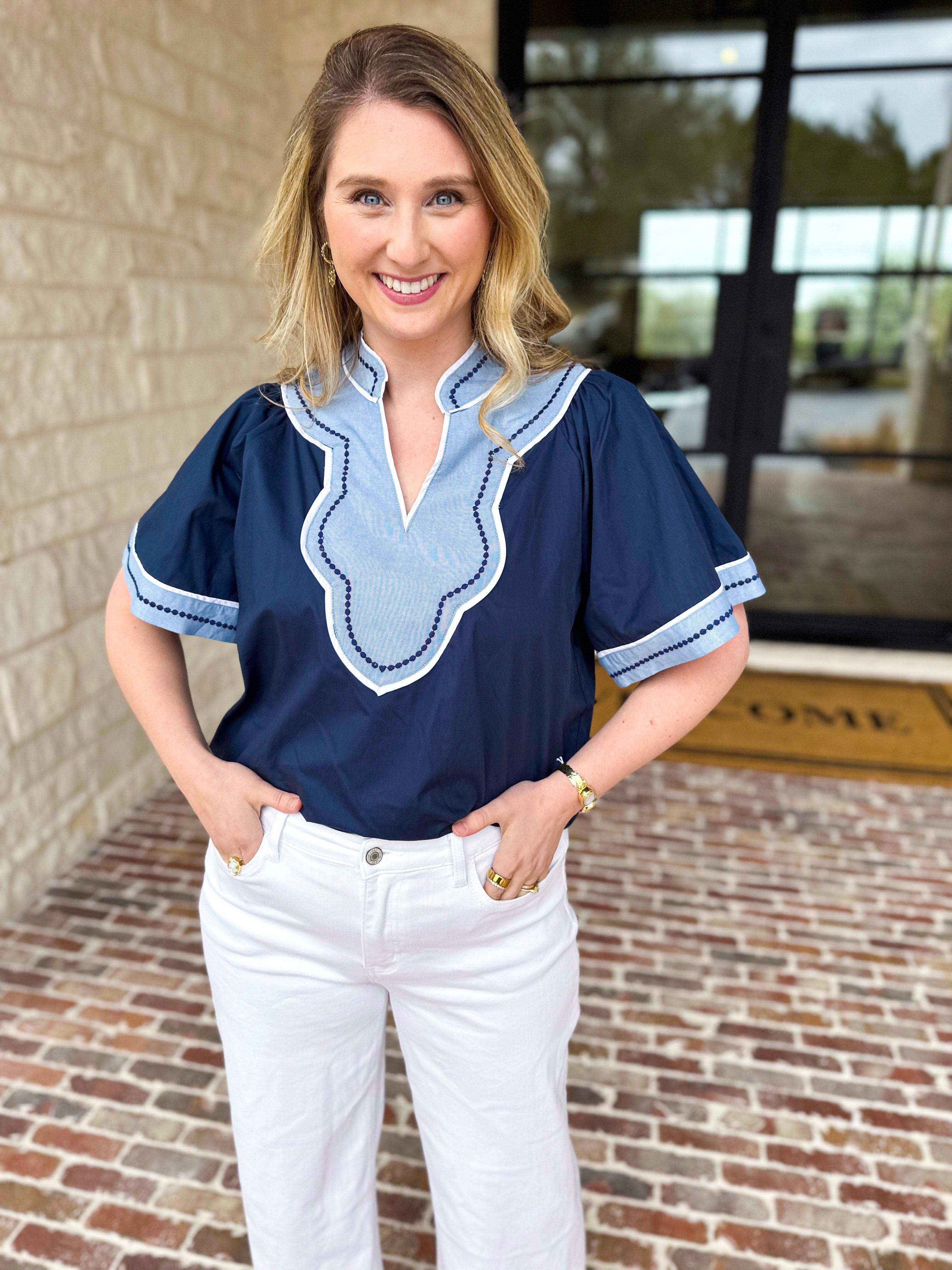 THML - Navy & Light Blue Blouse-200 Fashion Blouses-THML-July & June Women's Fashion Boutique Located in San Antonio, Texas