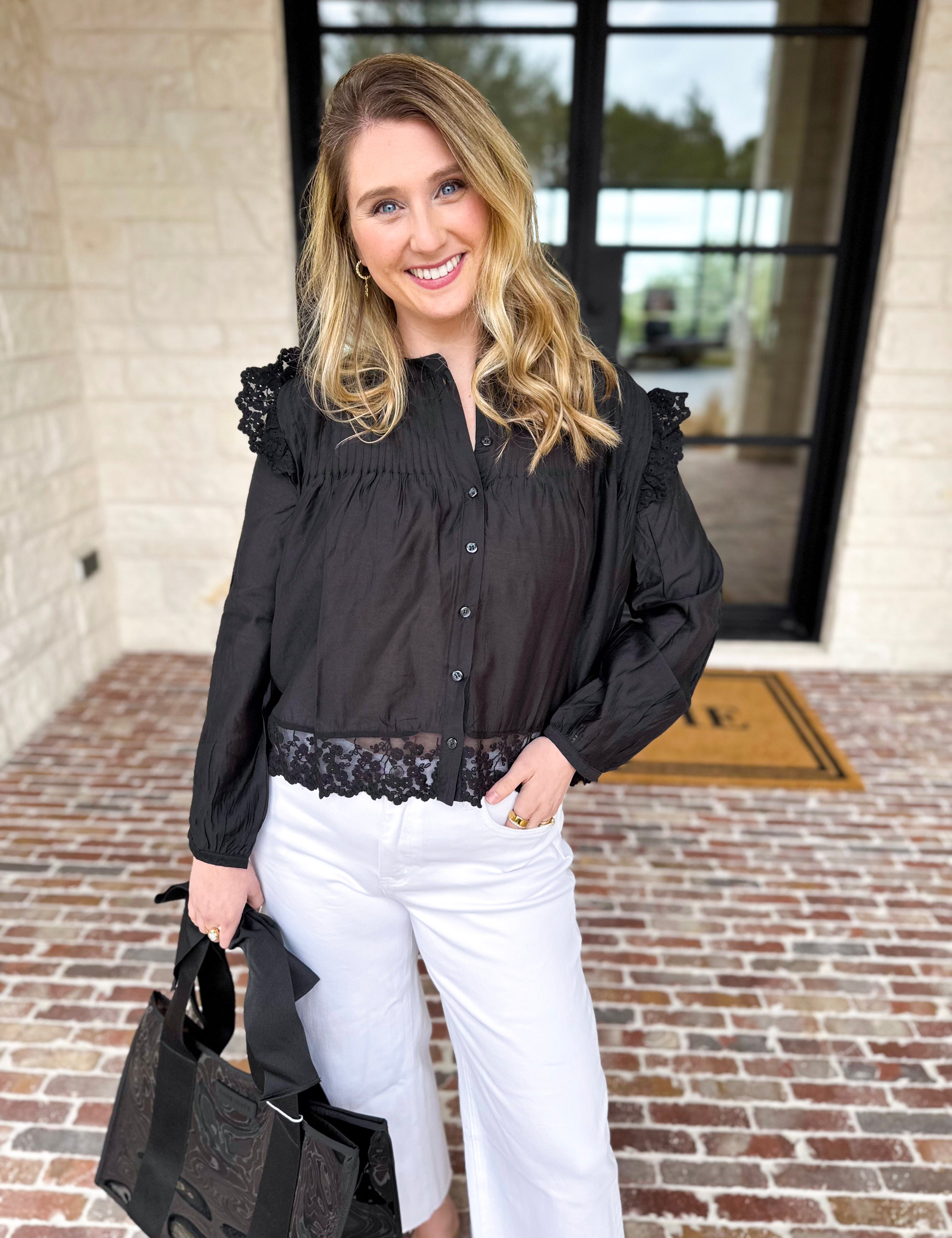 Frilly Black Blouse-200 Fashion Blouses-TCEC-July & June Women's Fashion Boutique Located in San Antonio, Texas
